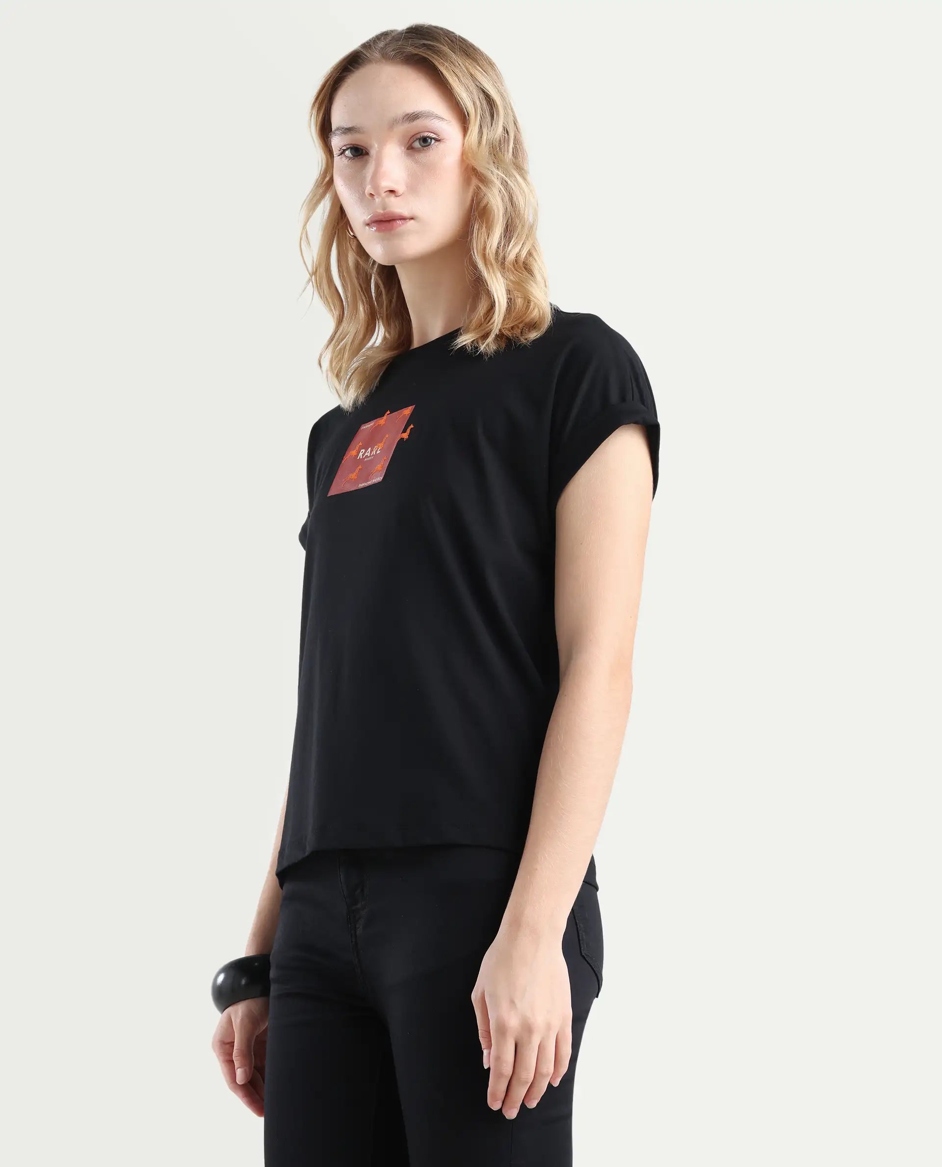 Rareism Women's Rabe Black Cotton Blend Crew Neck Relaxed Fit T-Shirt