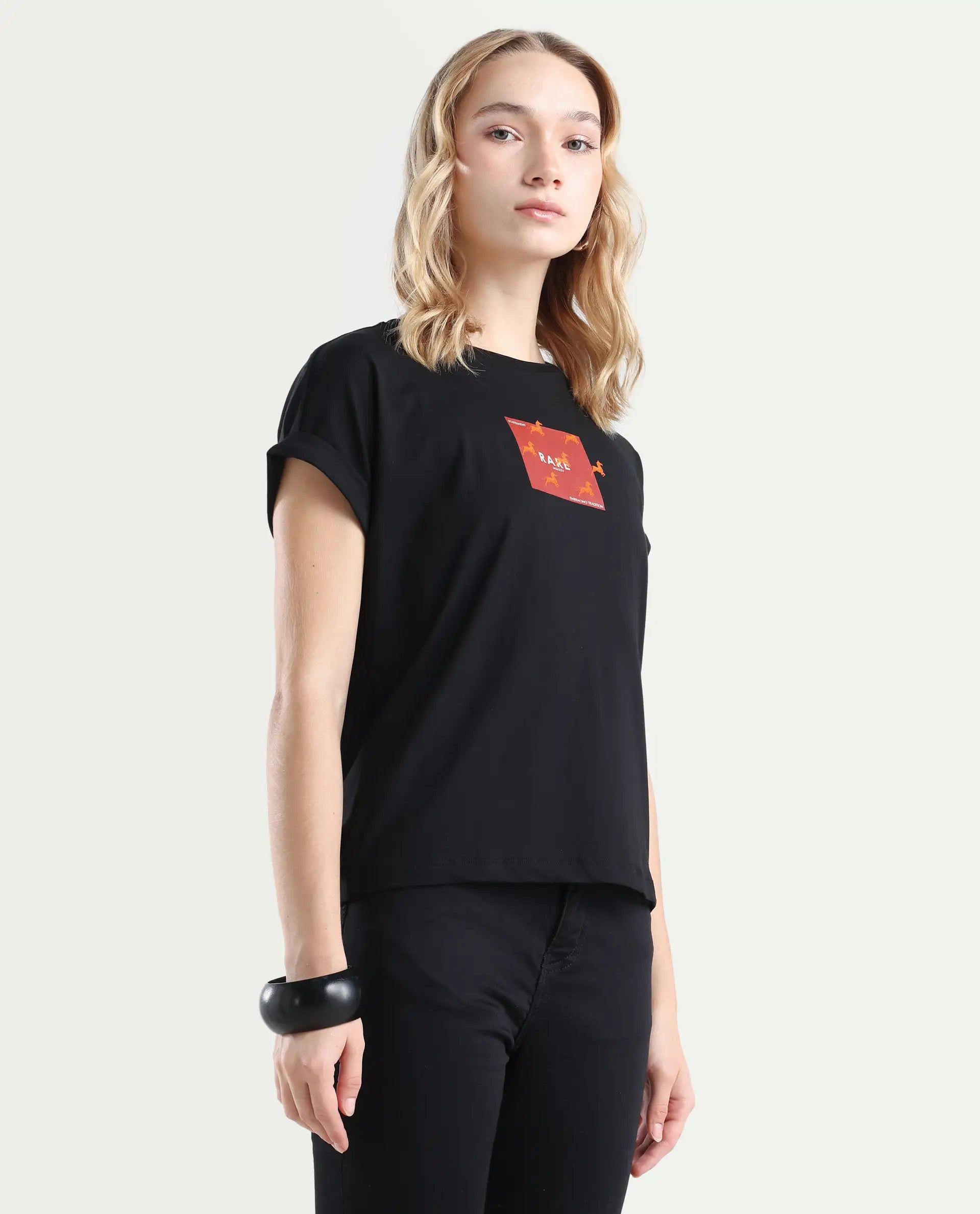 Rareism Women's Rabe Black Cotton Blend Crew Neck Relaxed Fit T-Shirt