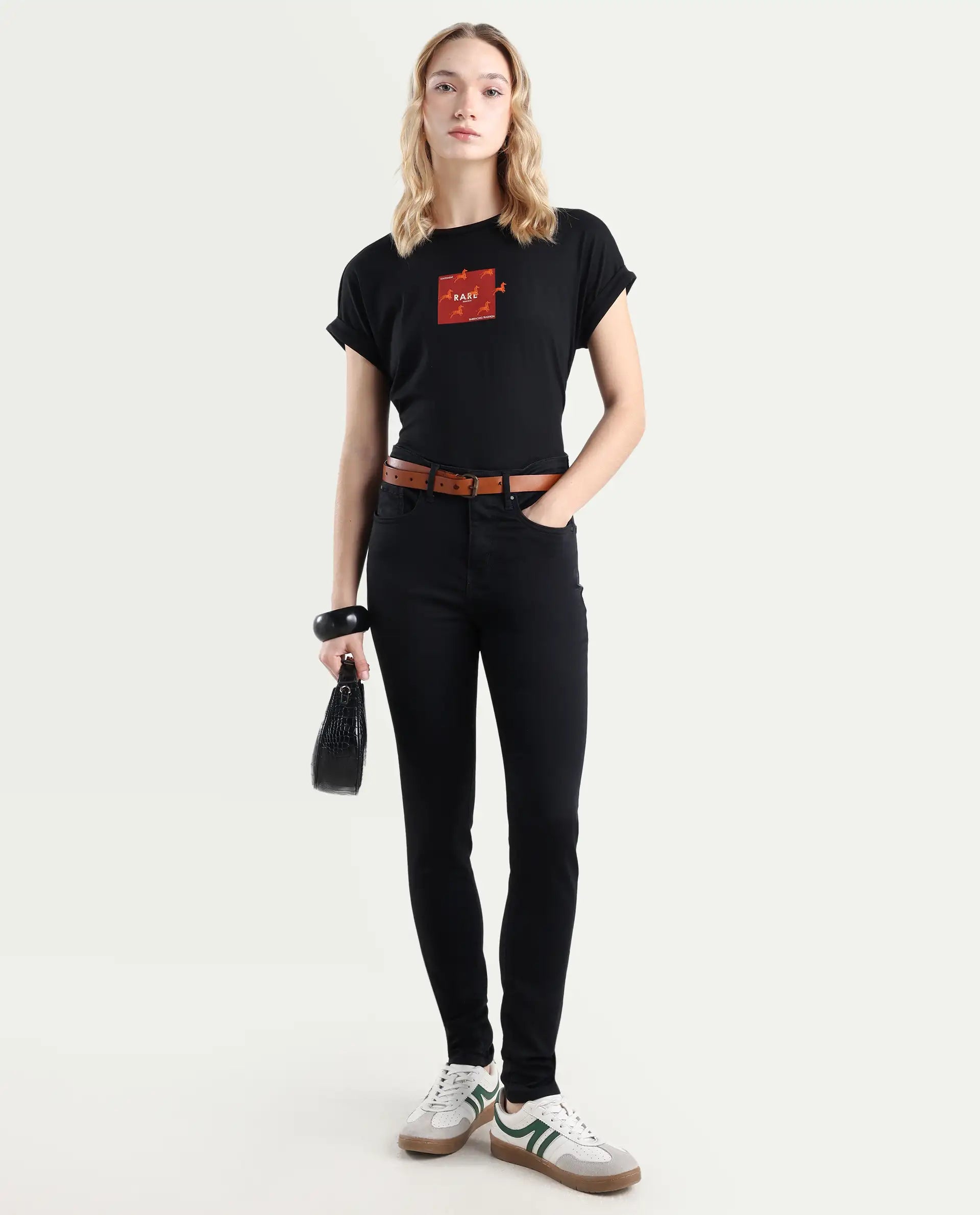 Rareism Women's Rabe Black Cotton Blend Crew Neck Relaxed Fit T-Shirt