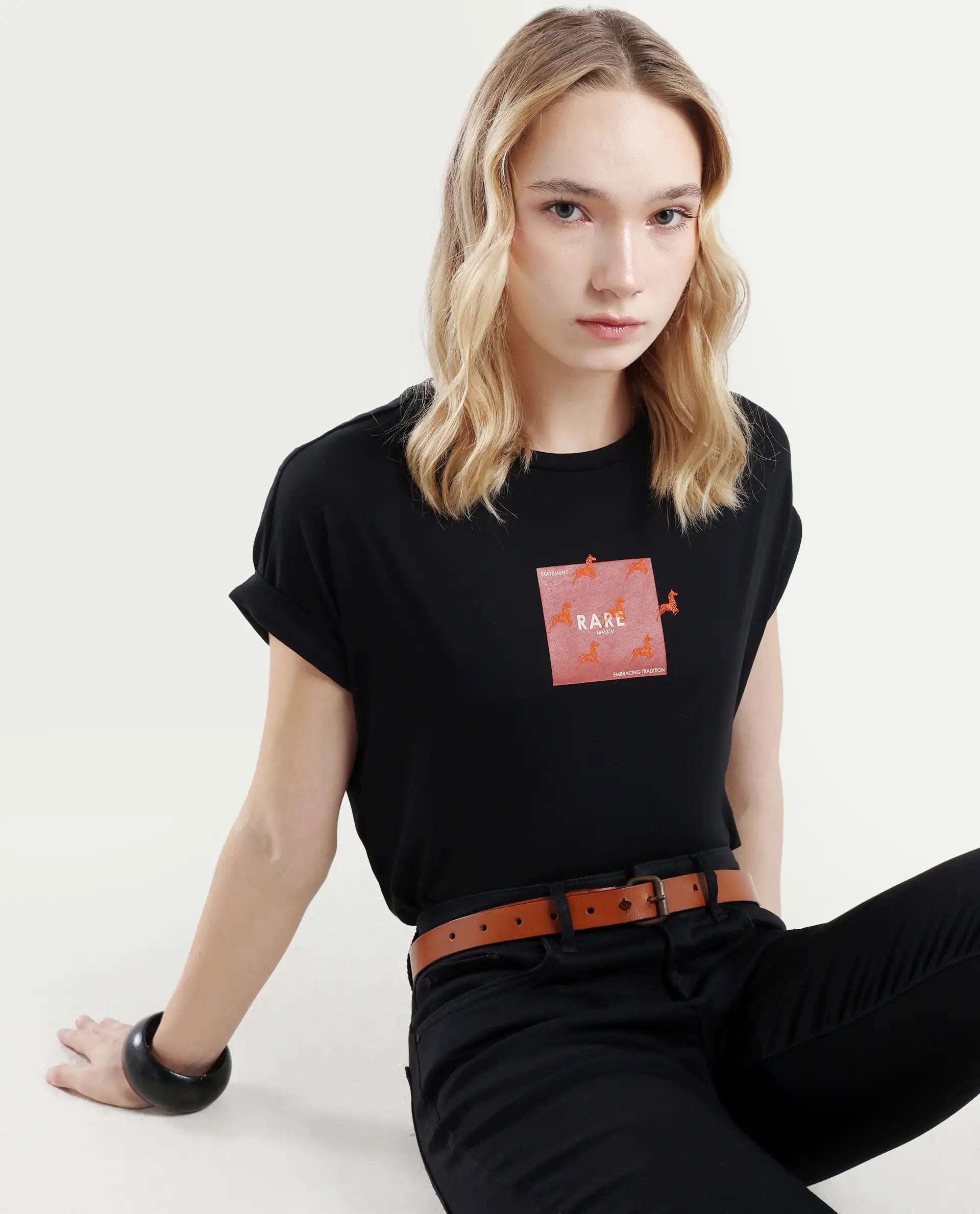 Rareism Women's Rabe Black Cotton Blend Crew Neck Relaxed Fit T-Shirt