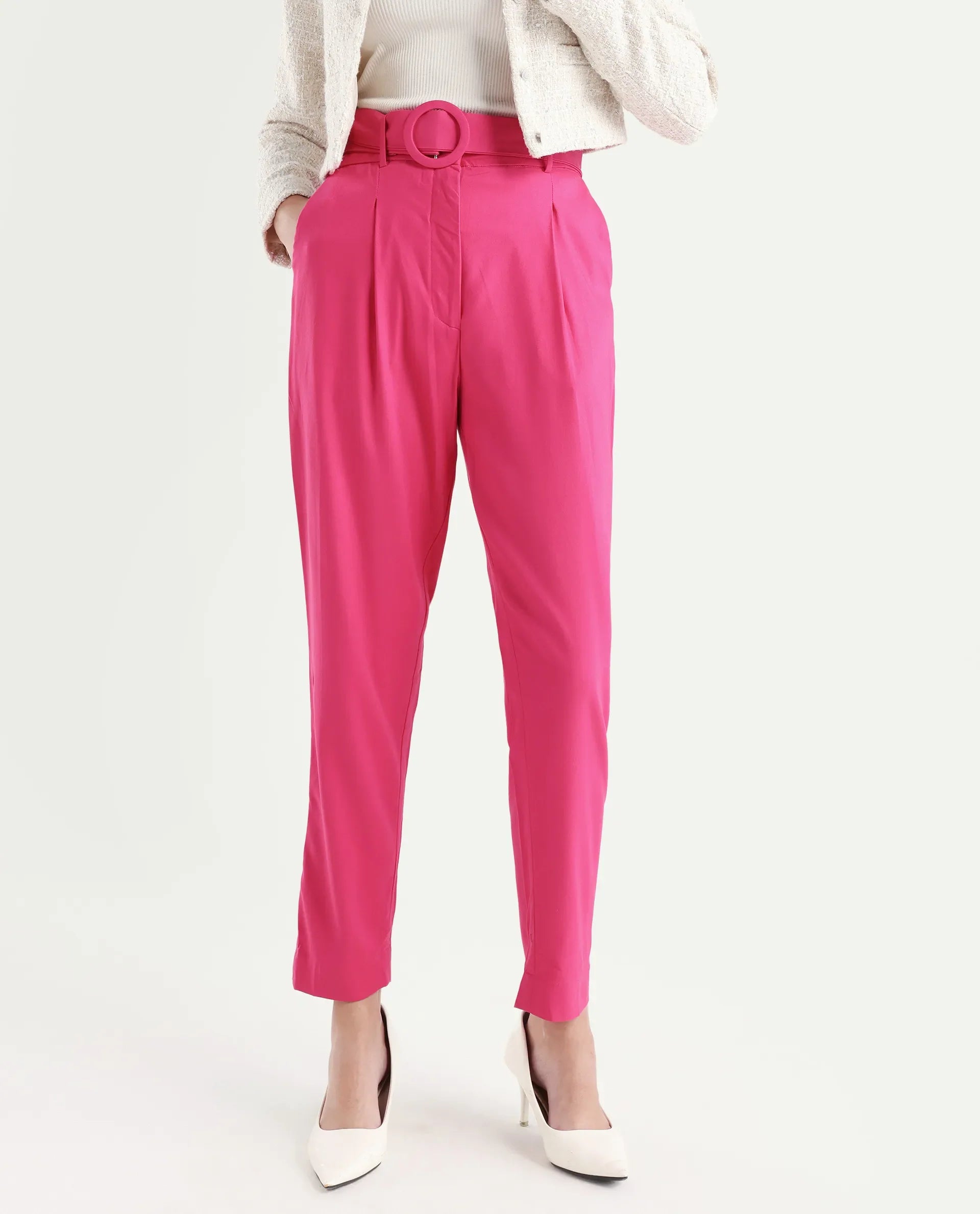 Rareism Women's Rachel Pink Polyester Blend Plain Ankle Length Tailored Trouser