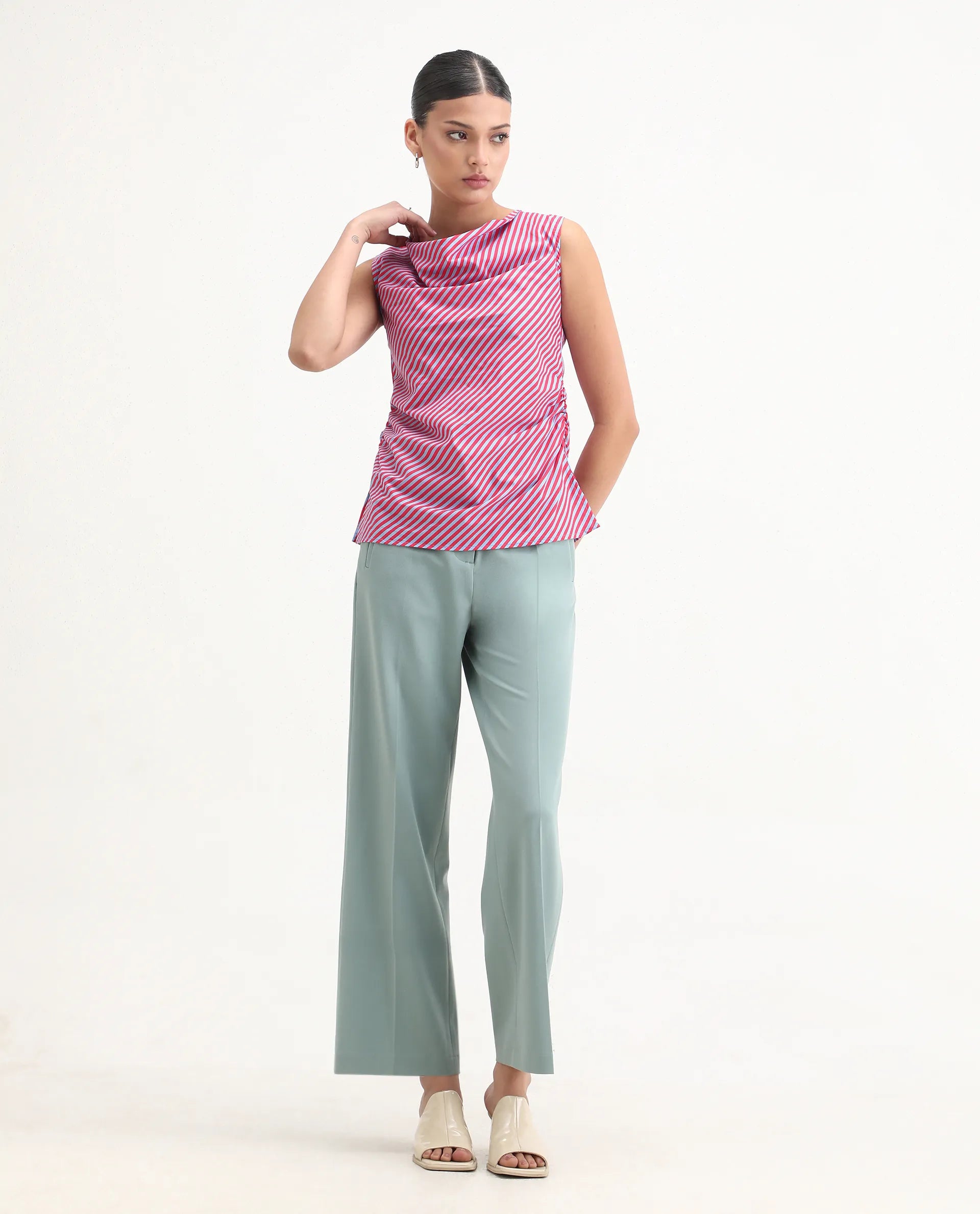Rareism Women's Radar Light Blue Cotton Cowl Neck Striped Sleeveless Regular Fit Top