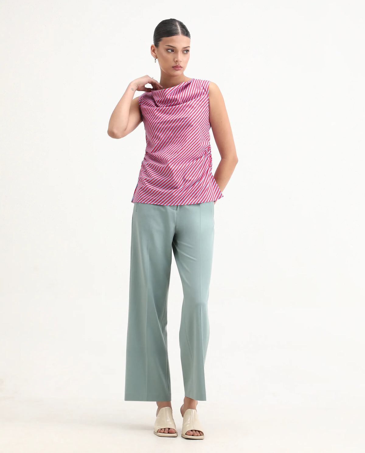 Rareism Women's Radar Light Blue Cotton Cowl Neck Striped Sleeveless Regular Fit Top