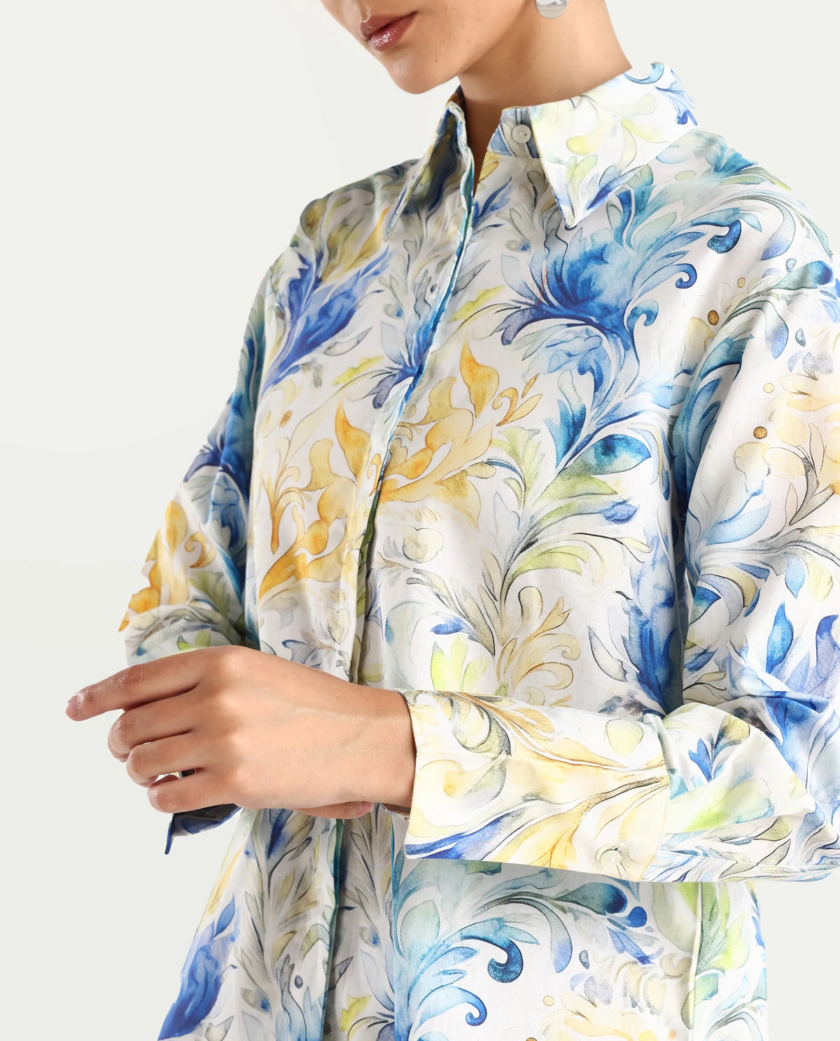Rareism Women's Raenice Pastrel Multi Cotton Blend Drop Collar Abstract Print Cuffed Sleeve Regular Fit Top