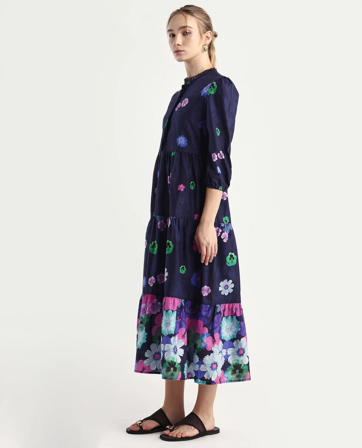 Rareism Women's Ragen Navy Cotton High Neck Floral Print Balloon Sleeve Knee Length Regular Fit Dress