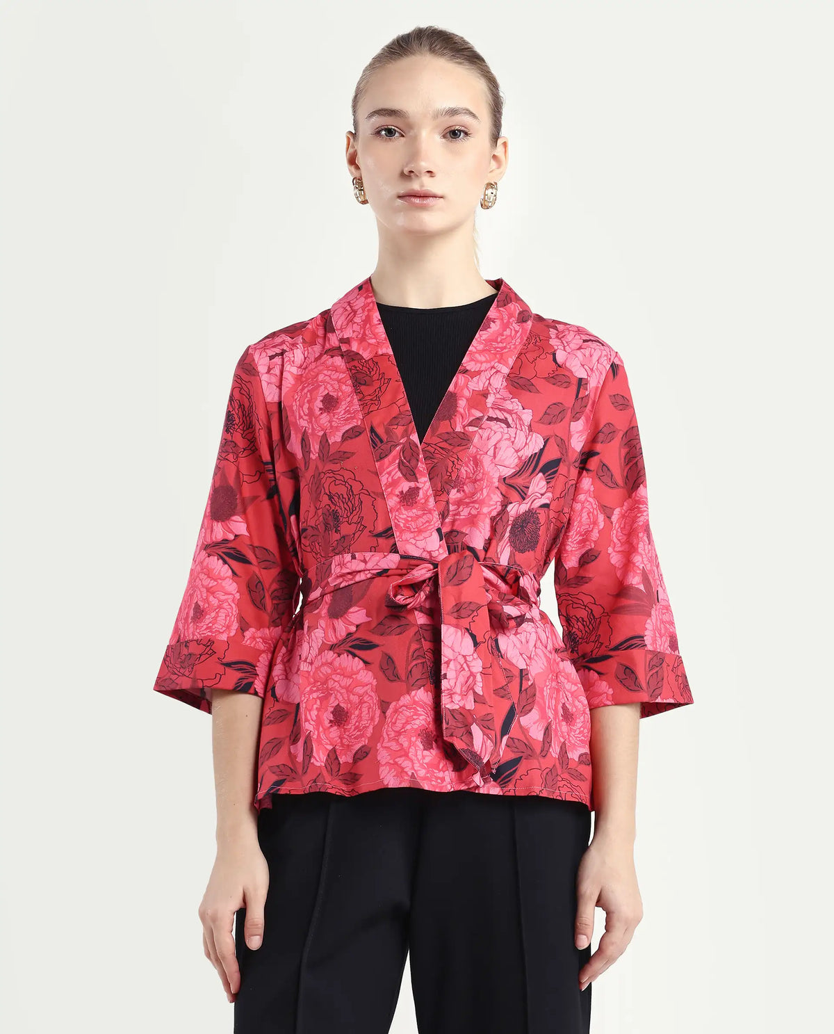 Rareism Women's Ramo Red Cotton Blend Overlap Neck Floral Print Regular Fit Top