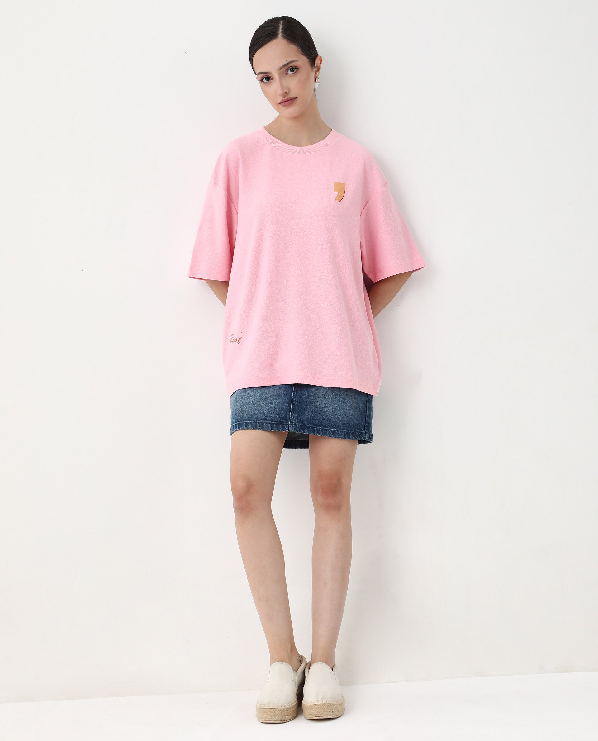 Rareism Women's Ransa Pink Cotton Graphic Print Oversized T-Shirt