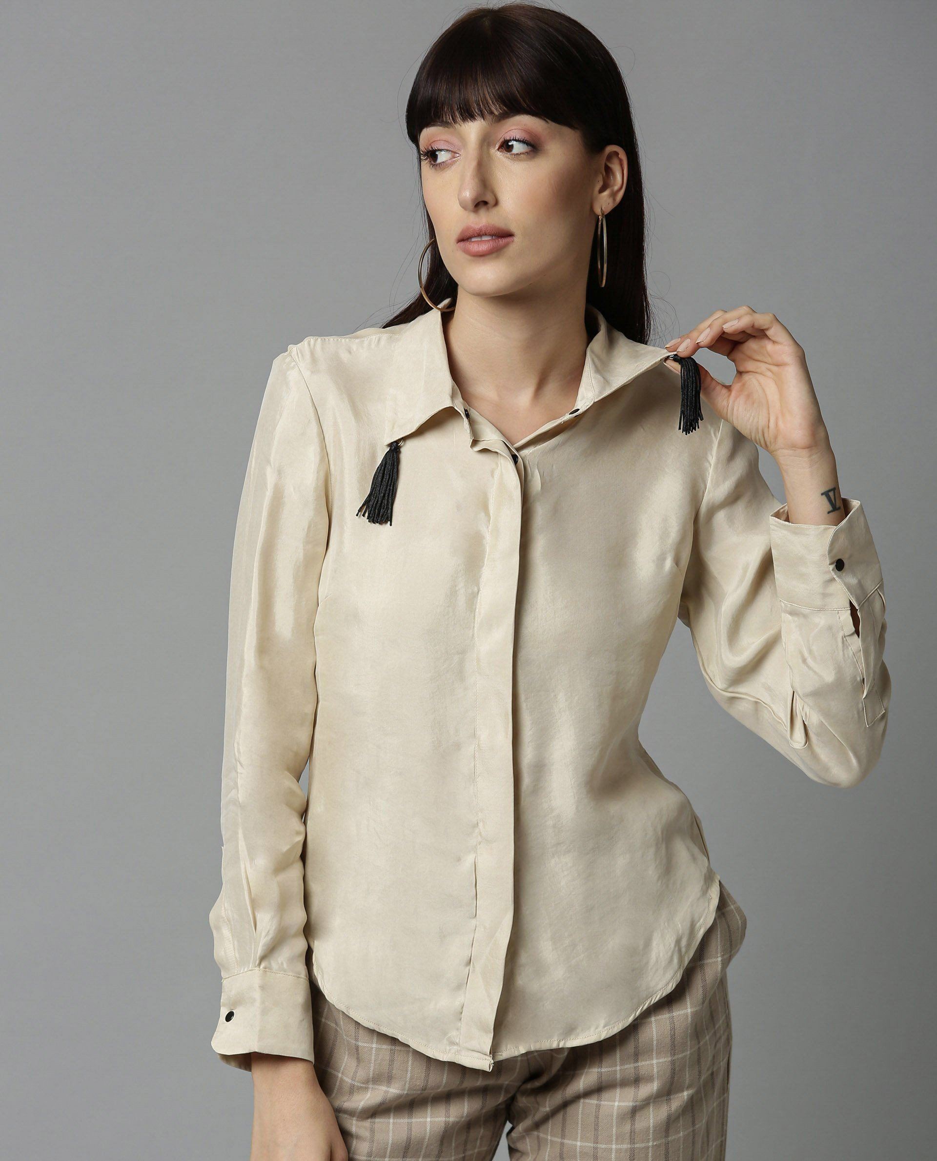 Rareism Women Tassel Beige Top Full Sleeves Solid