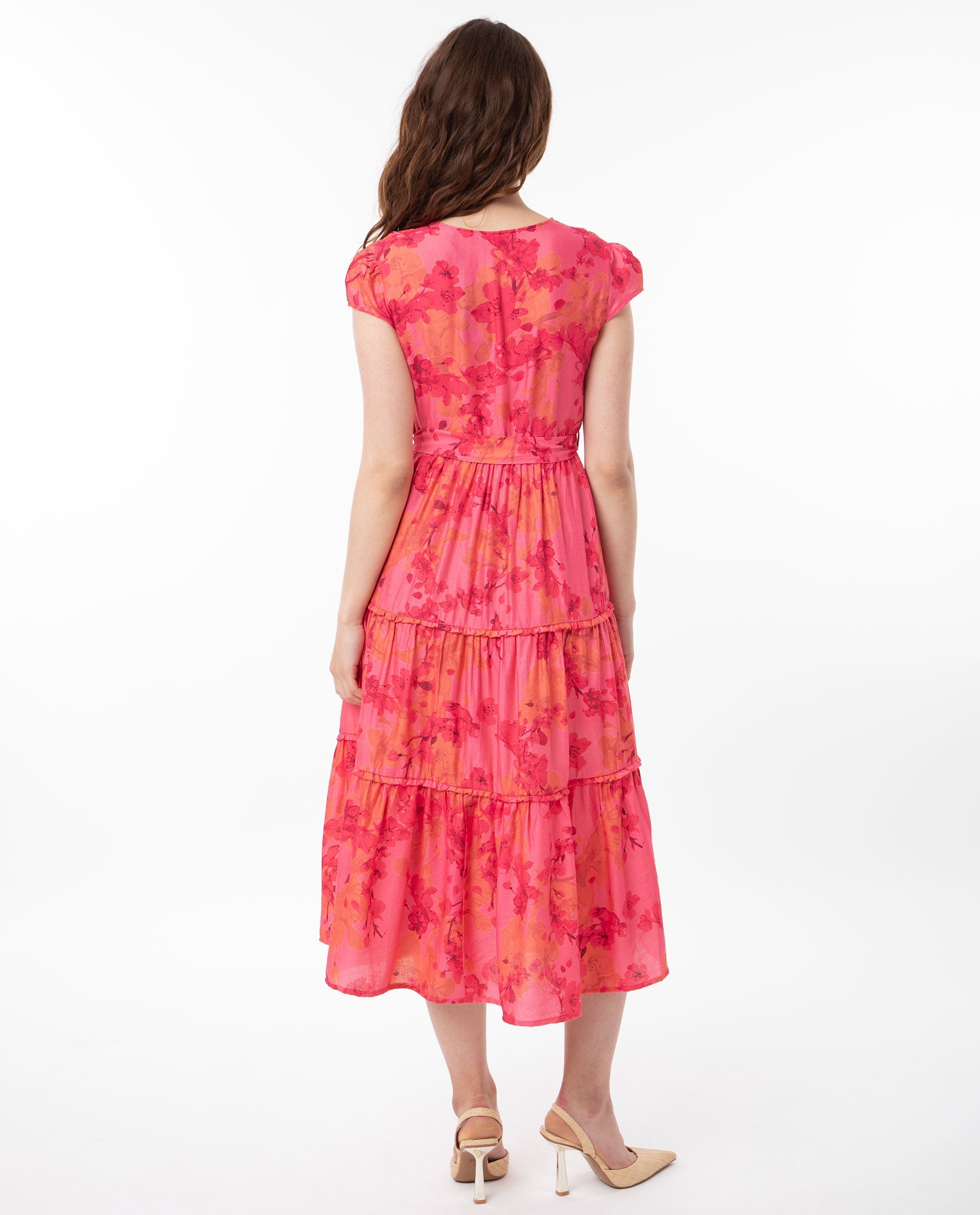 Rareism Women Rauena Pink Poly Viscose Fabric Short Sleeves Button Closure V-Neck Cap Sleeve Regular Fit Floral Print Midi Empire Dress