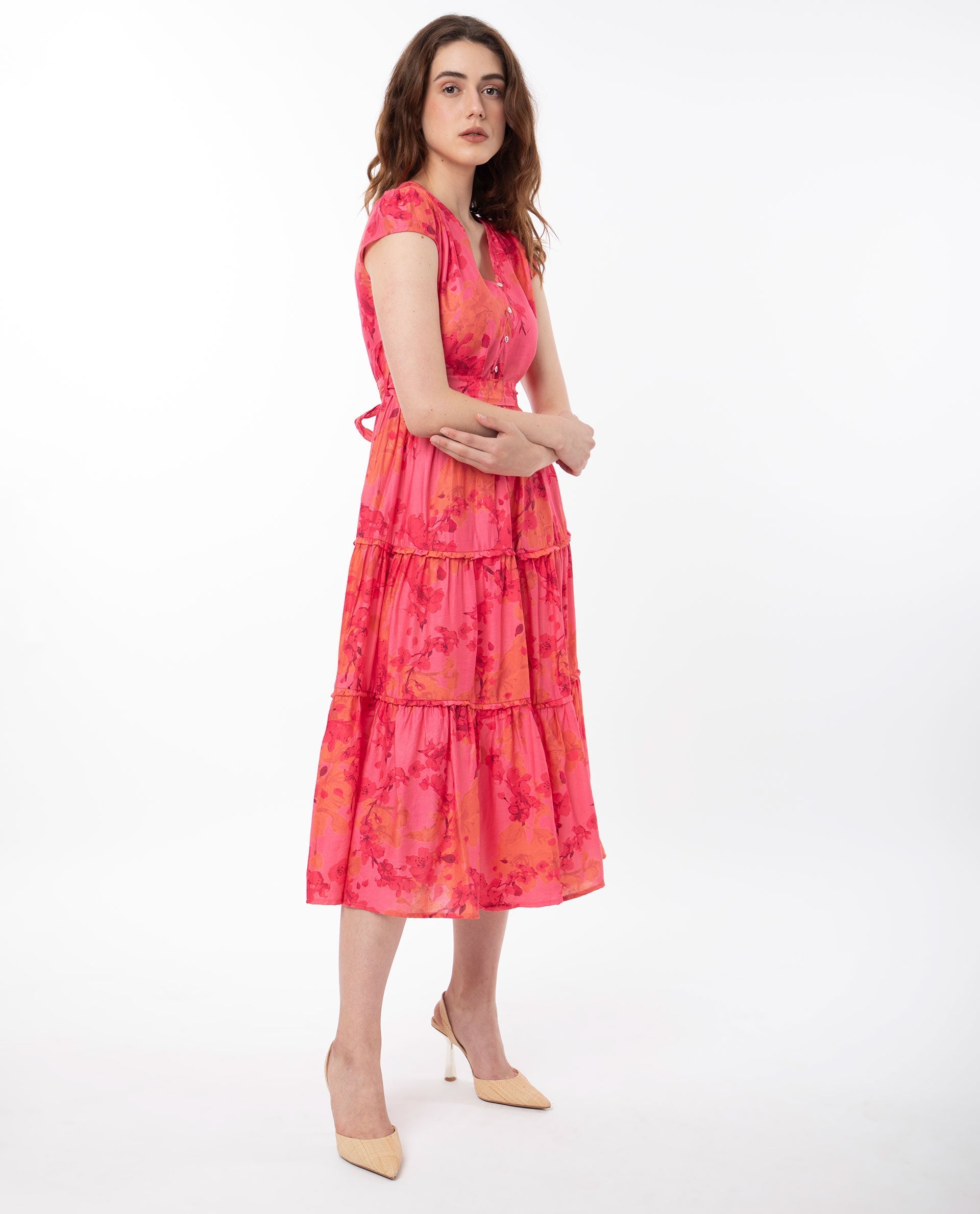 Rareism Women Rauena Pink Poly Viscose Fabric Short Sleeves Button Closure V-Neck Cap Sleeve Regular Fit Floral Print Midi Empire Dress