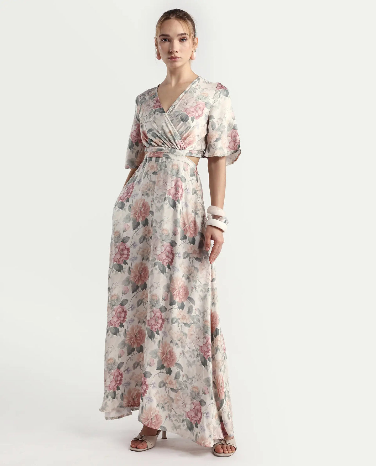 Rareism Women's Ravin Multi Cotton Blend Overlap Neck Floral Print Maxi Fit And Flare Dress