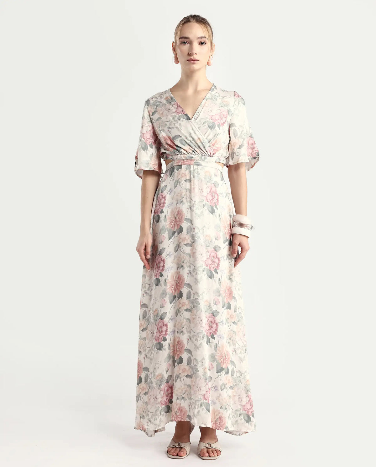 Rareism Women's Ravin Multi Cotton Blend Overlap Neck Floral Print Maxi Fit And Flare Dress