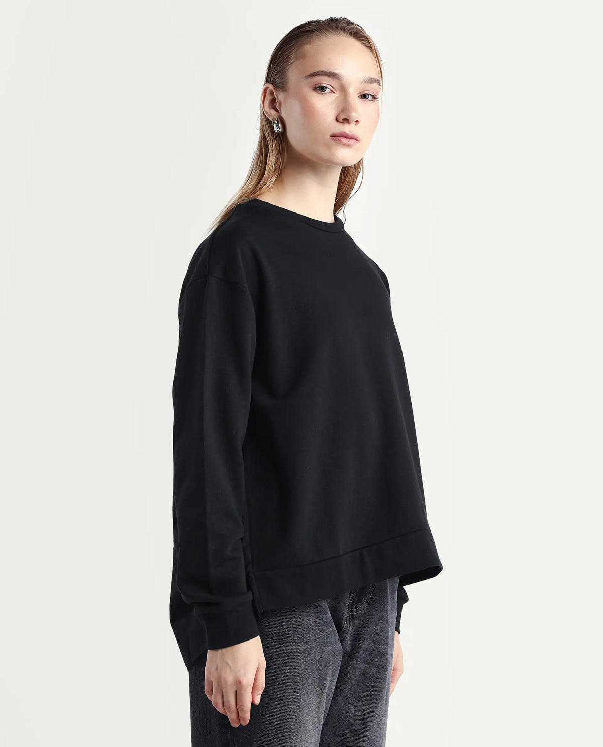 Rareism Women's Raze Black Cotton Blend Crew Neck Relaxed Fit Printed Sweatshirt