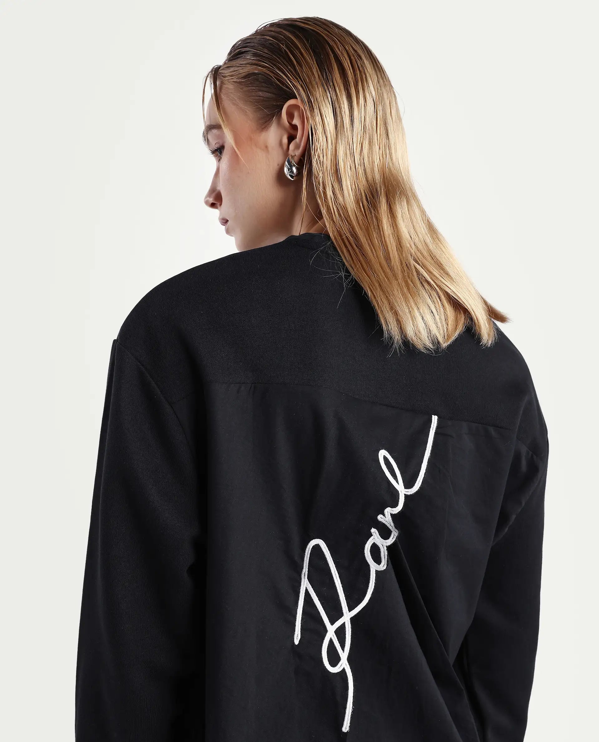 Rareism Women's Raze Black Cotton Blend Crew Neck Relaxed Fit Printed Sweatshirt