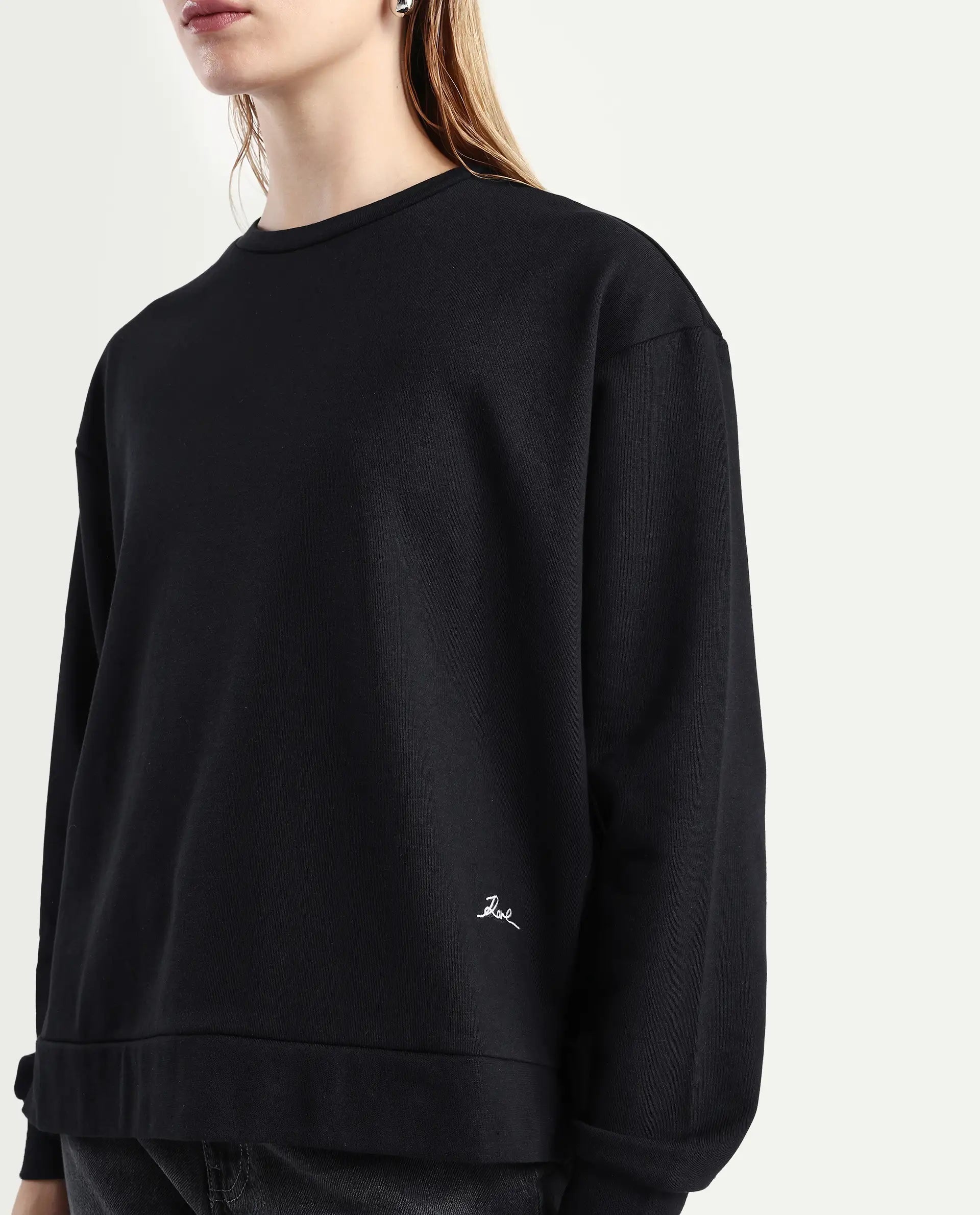 Rareism Women's Raze Black Cotton Blend Crew Neck Relaxed Fit Printed Sweatshirt