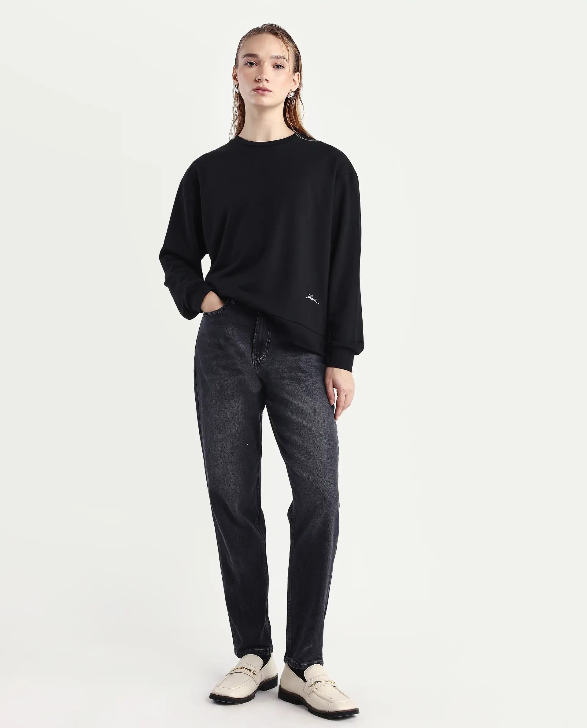 Rareism Women's Raze Black Cotton Blend Crew Neck Relaxed Fit Printed Sweatshirt