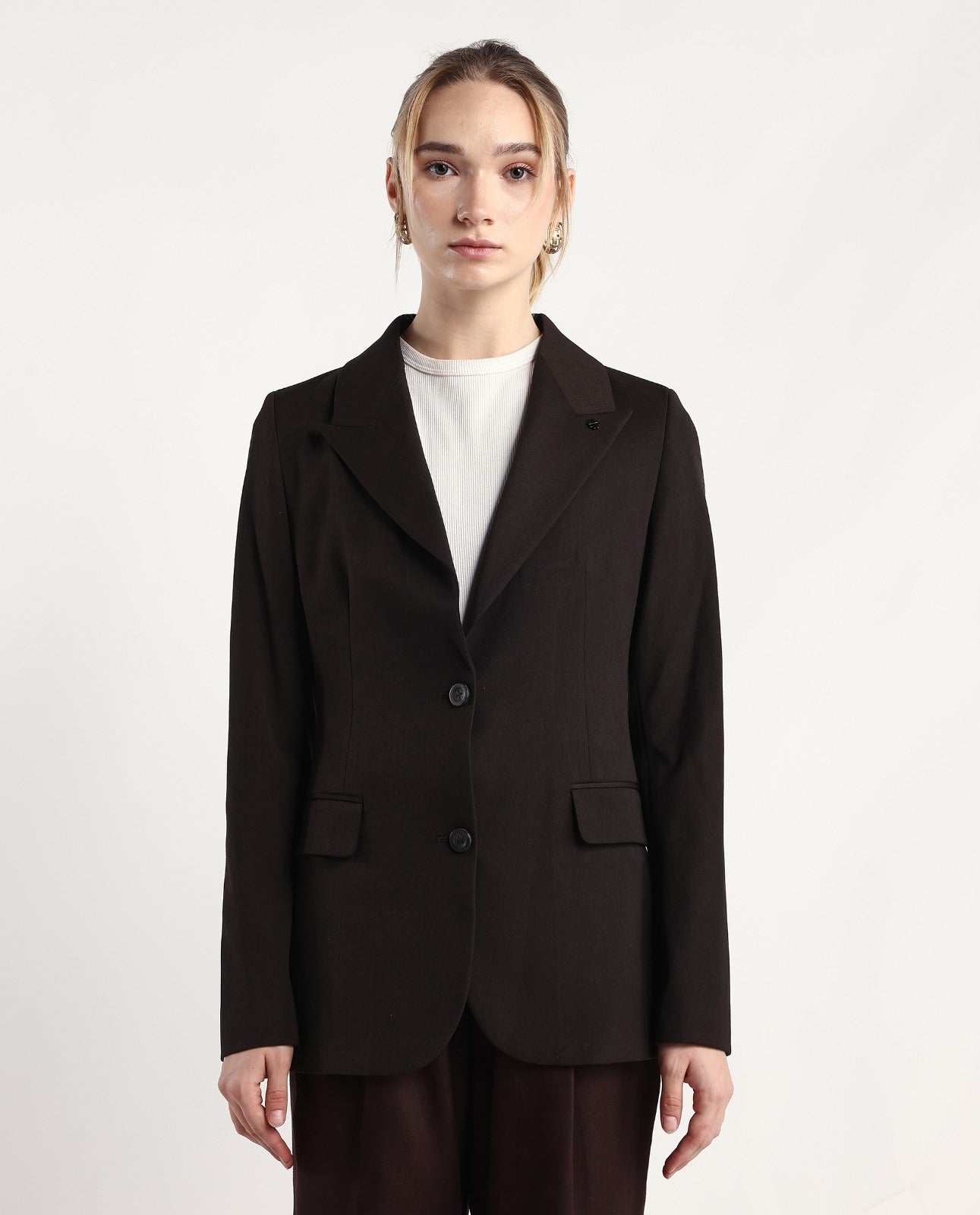 Rareism Women's Reca Dark Brown Polyester Blend Fabric Full Sleeve Lapel Collar Plain Blazer