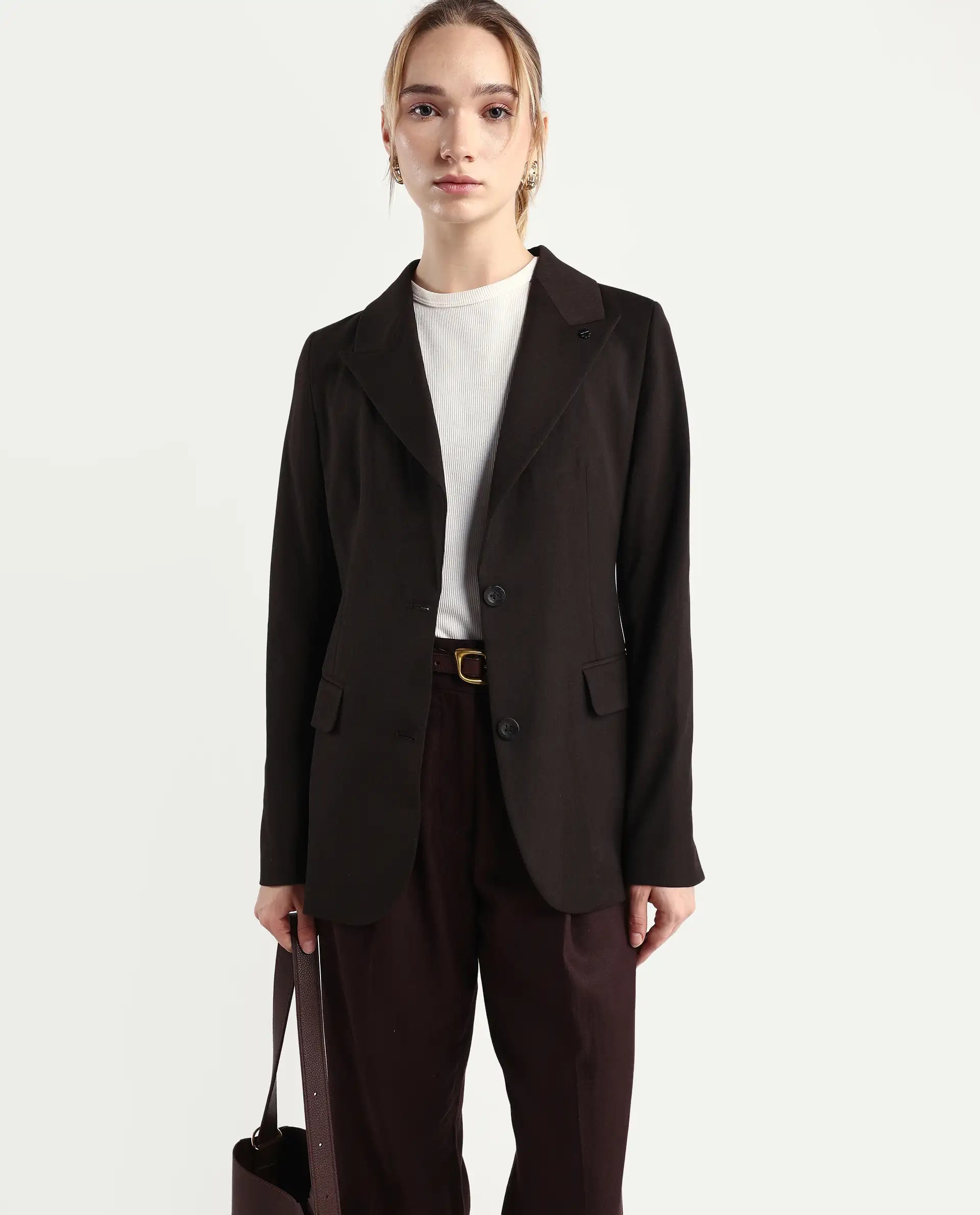 Rareism Women's Reca Dark Brown Polyester Blend Fabric Full Sleeve Lapel Collar Plain Blazer