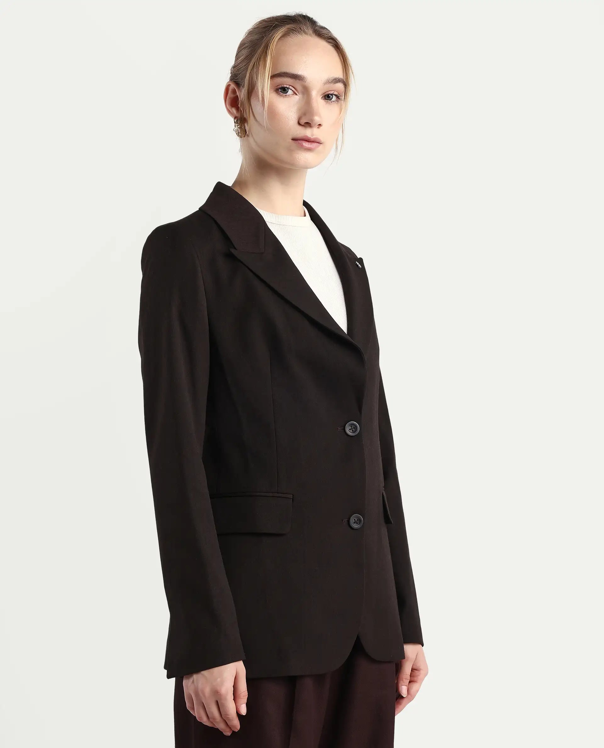 Rareism Women's Reca Dark Brown Polyester Blend Fabric Full Sleeve Lapel Collar Plain Blazer