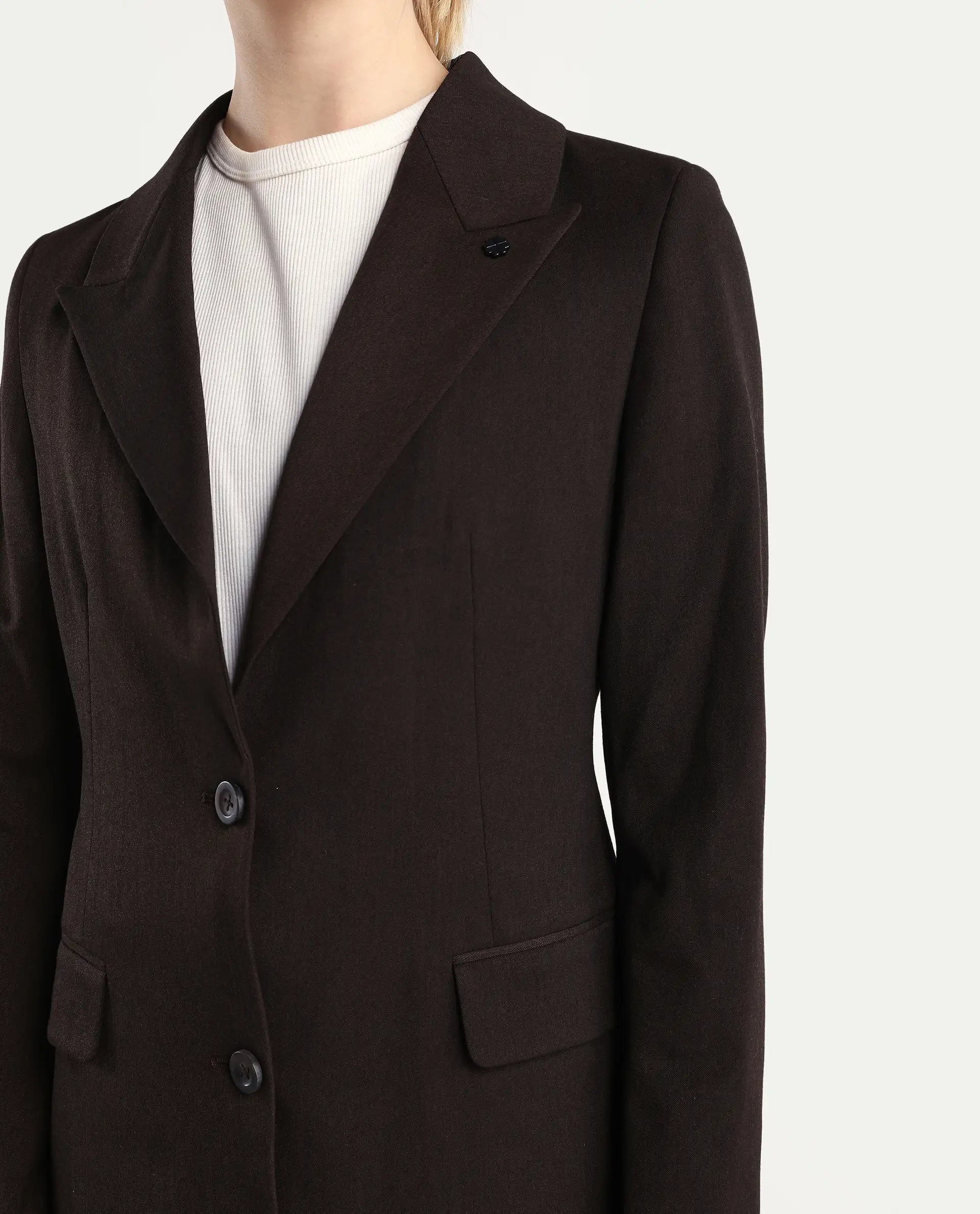 Rareism Women's Reca Dark Brown Polyester Blend Fabric Full Sleeve Lapel Collar Plain Blazer