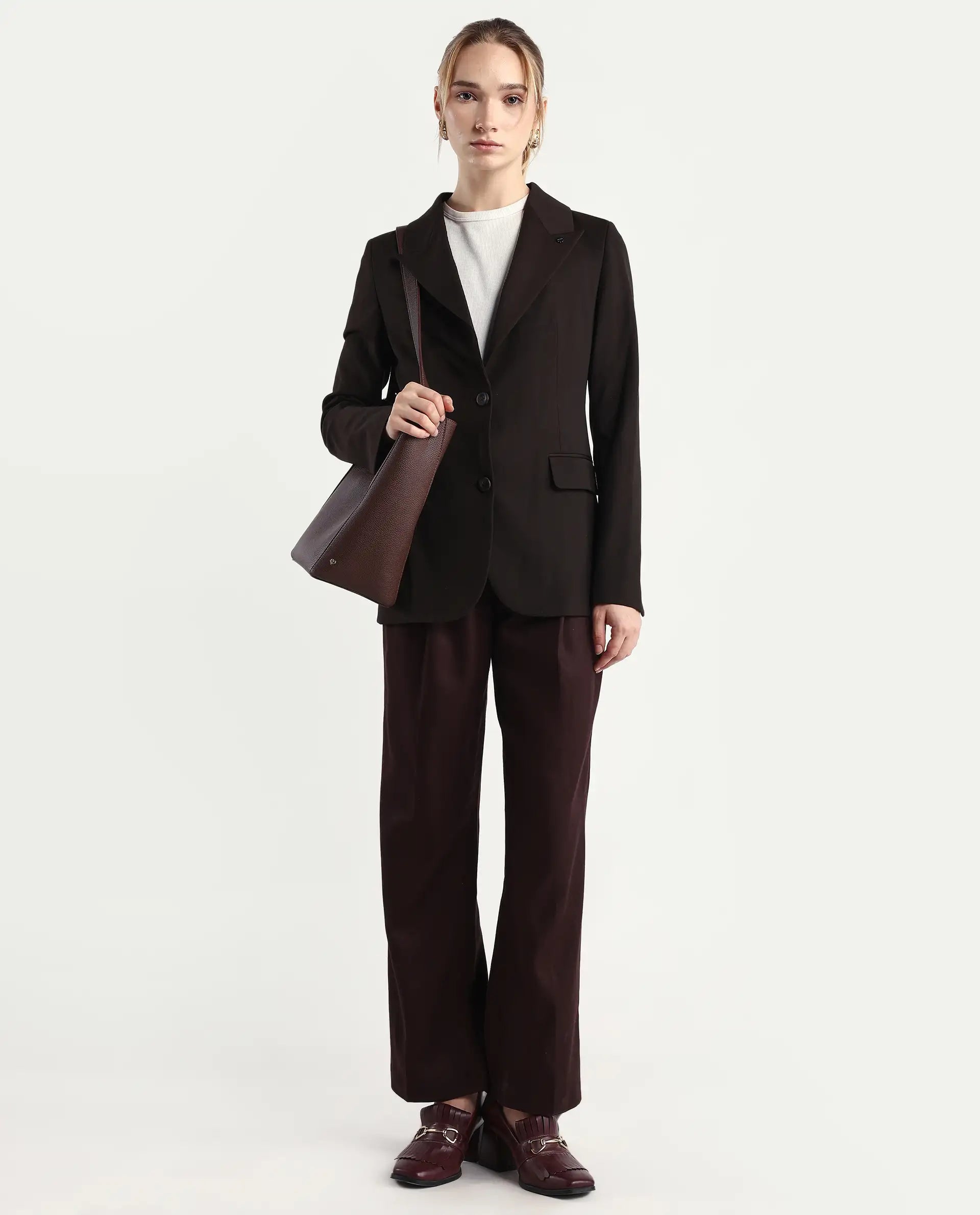 Rareism Women's Reca Dark Brown Polyester Blend Fabric Full Sleeve Lapel Collar Plain Blazer