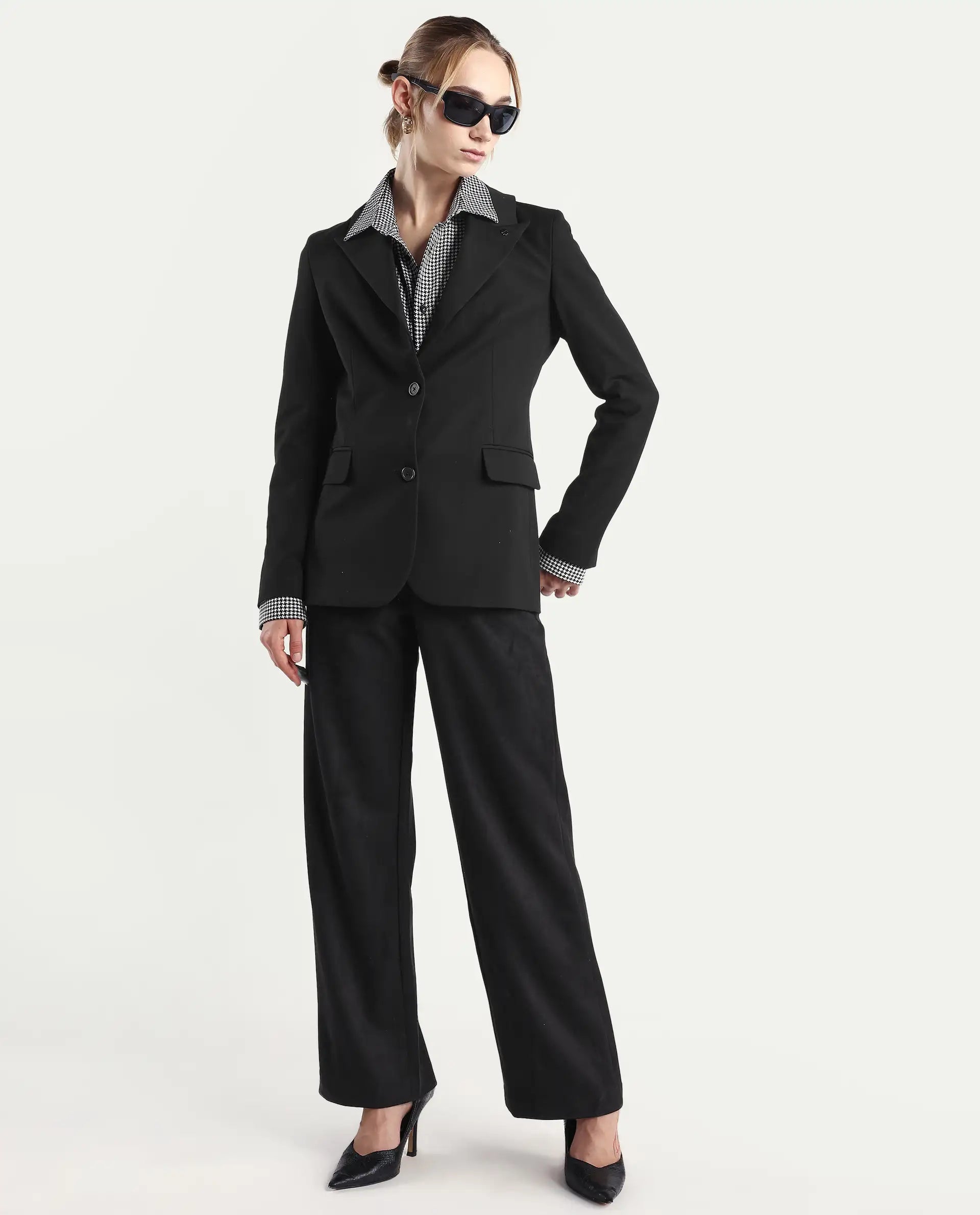 Rareism Women's Reca Black Polyester Blend Full Sleeve Lapel Collar Plain Blazer