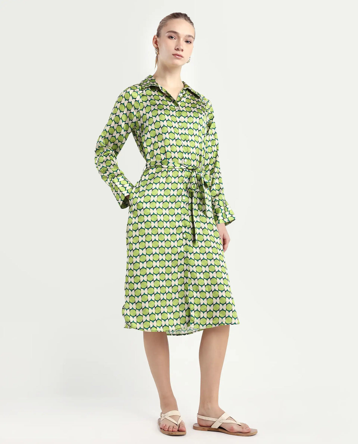 Rareism Women's Regis Green Cotton Blend Drop Collar Geometric Print Raglan Sleeve Midi A-Line Dress