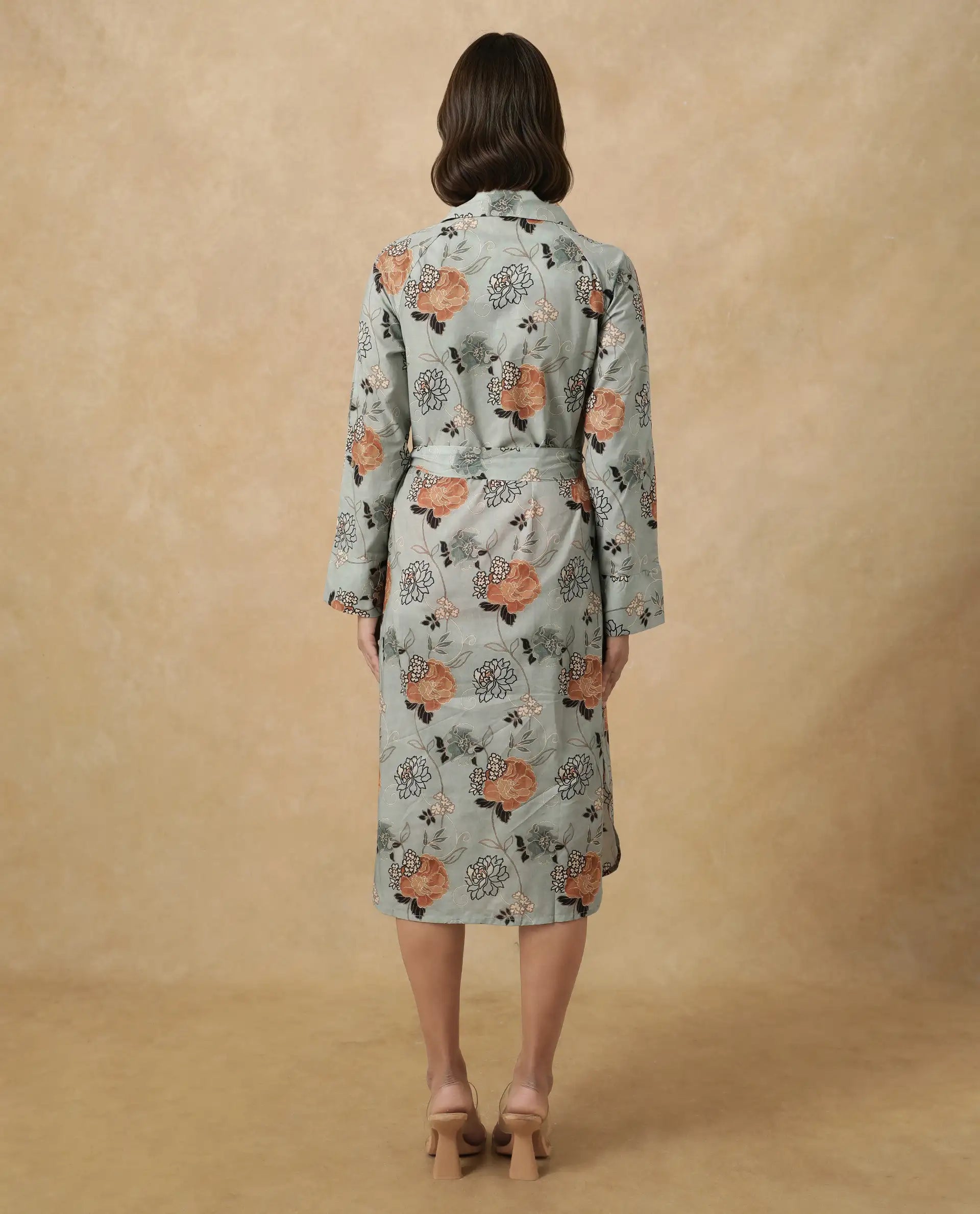 Rareism Women's Regnio Multi Cotton Drop Collar Floral Print Raglan Sleeve Midi A-Line Dress