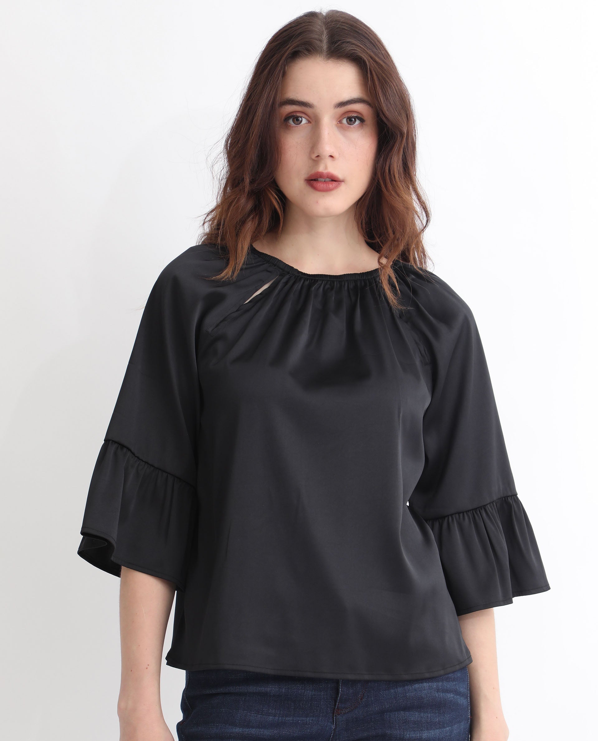 Rareism Women's Reila Black Polyester Boat Neck Plain Relaxed Fit Top