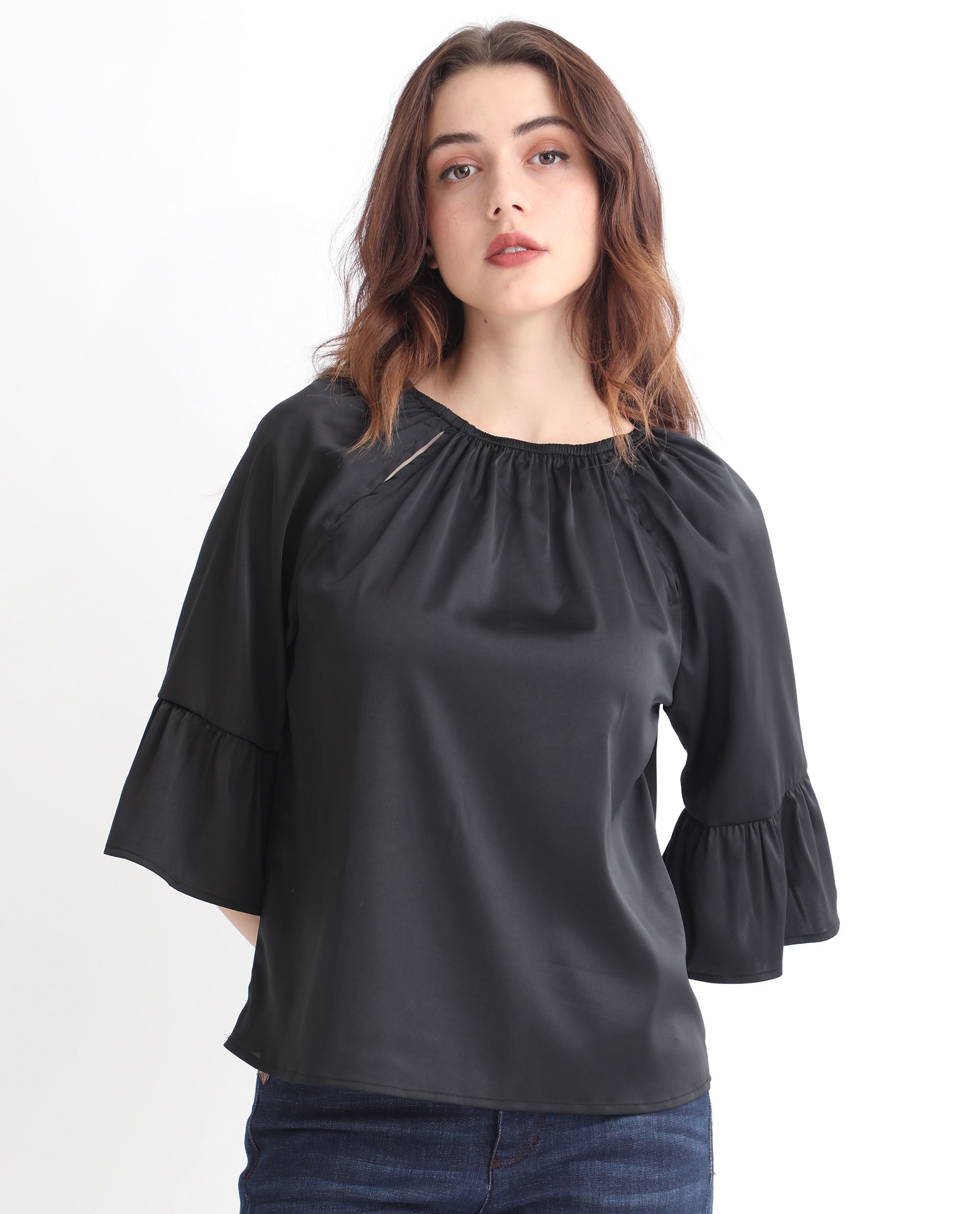 Rareism Women's Reila Black Polyester Boat Neck Plain Relaxed Fit Top