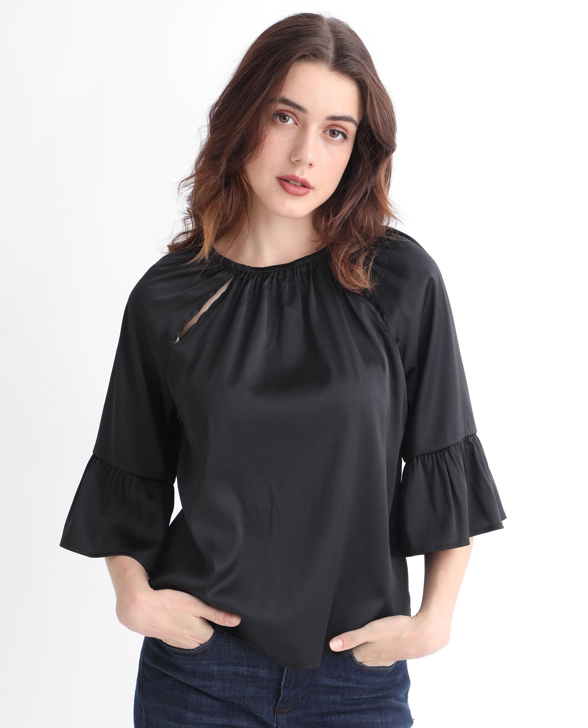 Rareism Women's Reila Black Polyester Boat Neck Plain Relaxed Fit Top