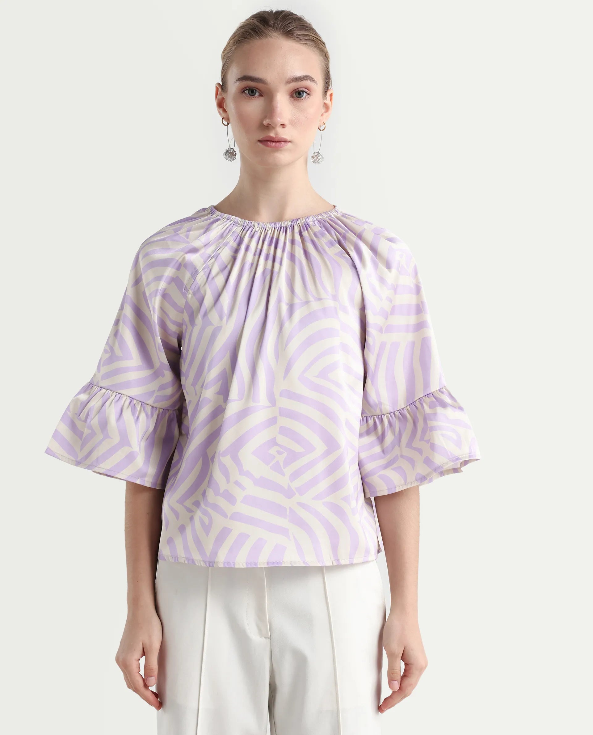 Rareism Women's Reila Pastel Purple Polyester Boat Neck Geometric Print Raglan Sleeve Relaxed Fit Top