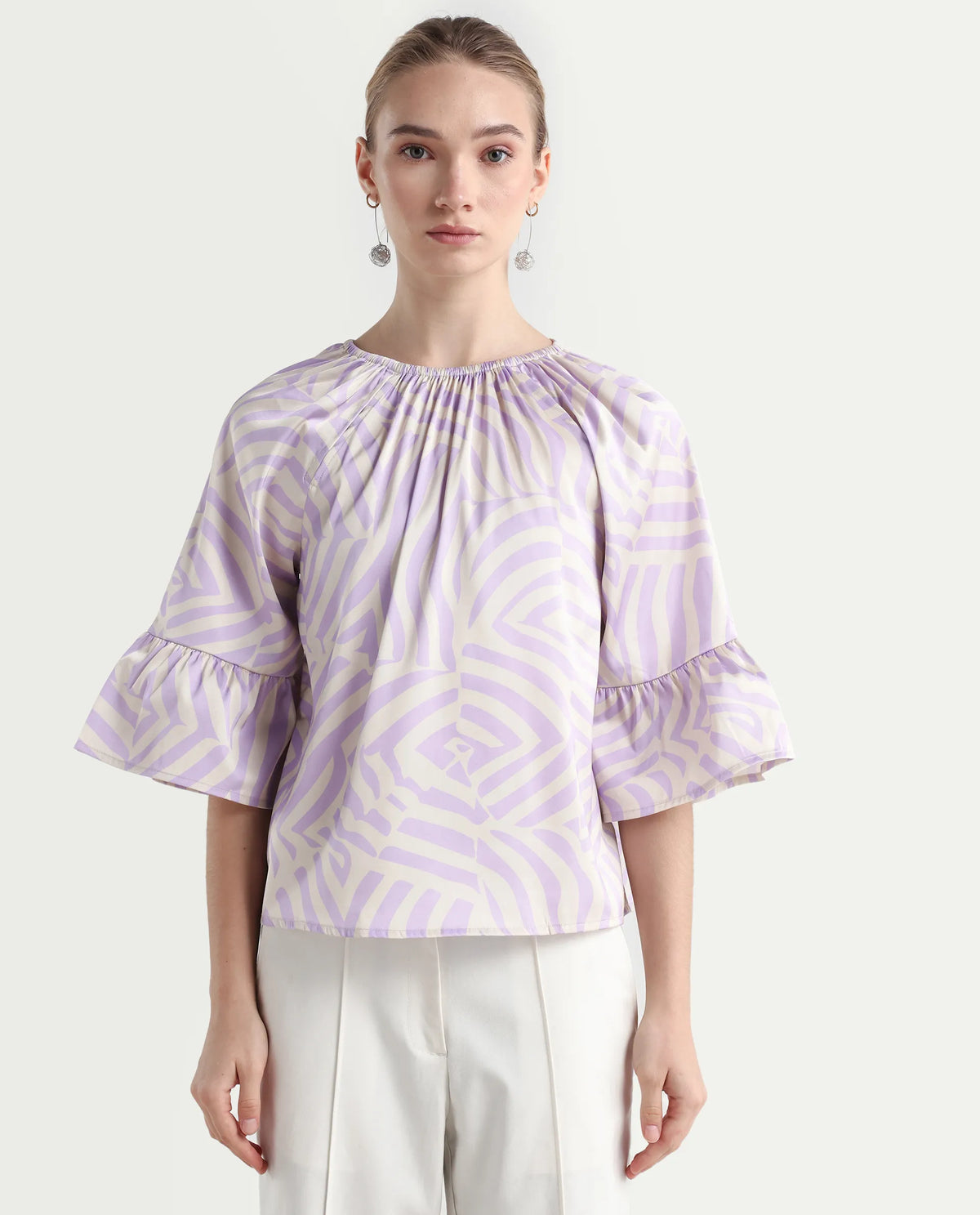 Rareism Women's Reila Pastel Purple Polyester Boat Neck Geometric Print Raglan Sleeve Relaxed Fit Top