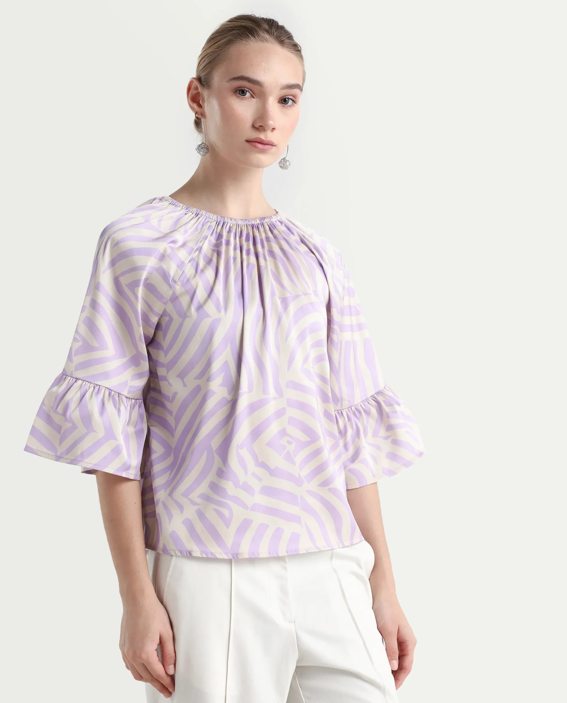 Rareism Women's Reila Pastel Purple Polyester Boat Neck Geometric Print Raglan Sleeve Relaxed Fit Top