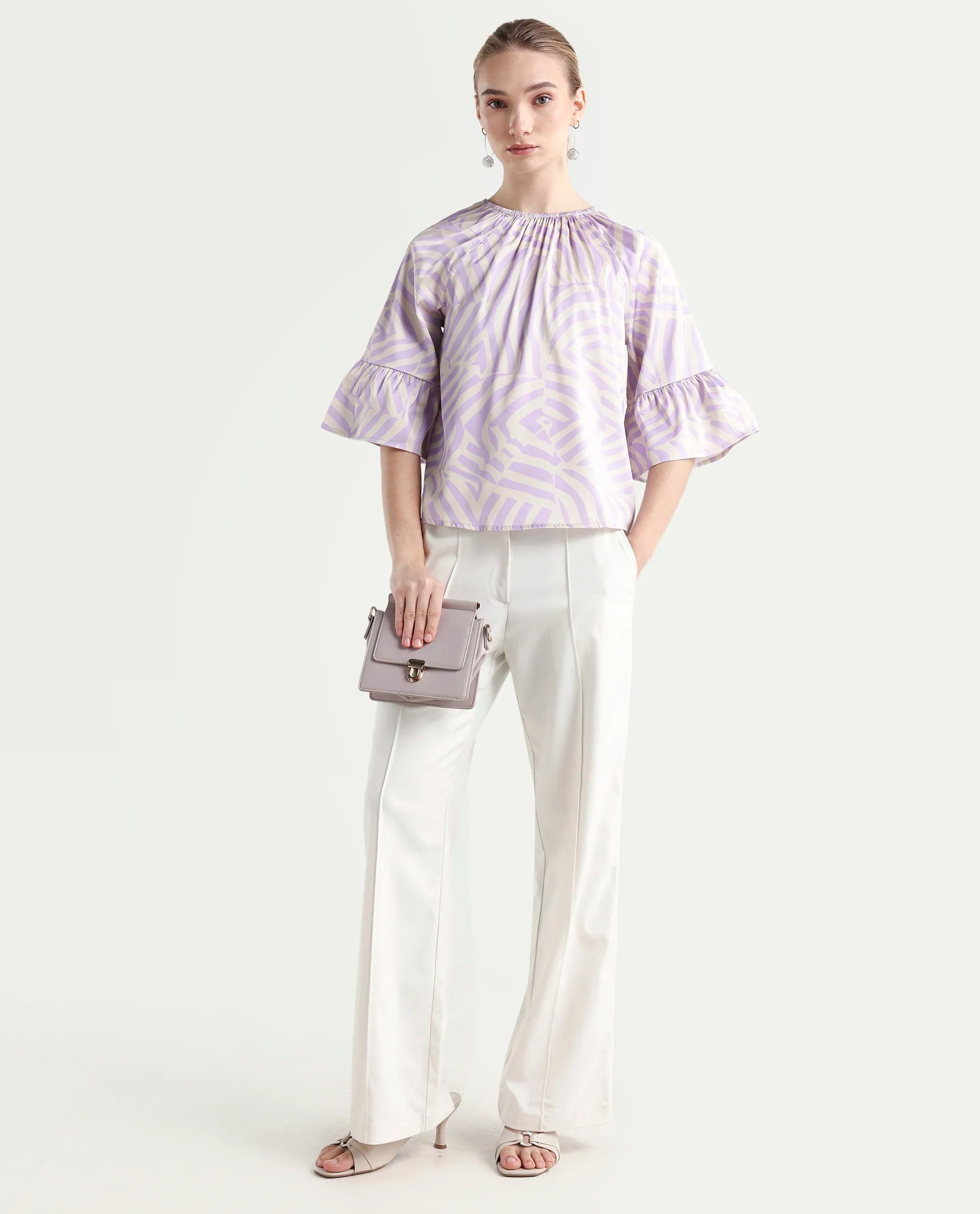 Rareism Women's Reila Pastel Purple Polyester Boat Neck Geometric Print Raglan Sleeve Relaxed Fit Top