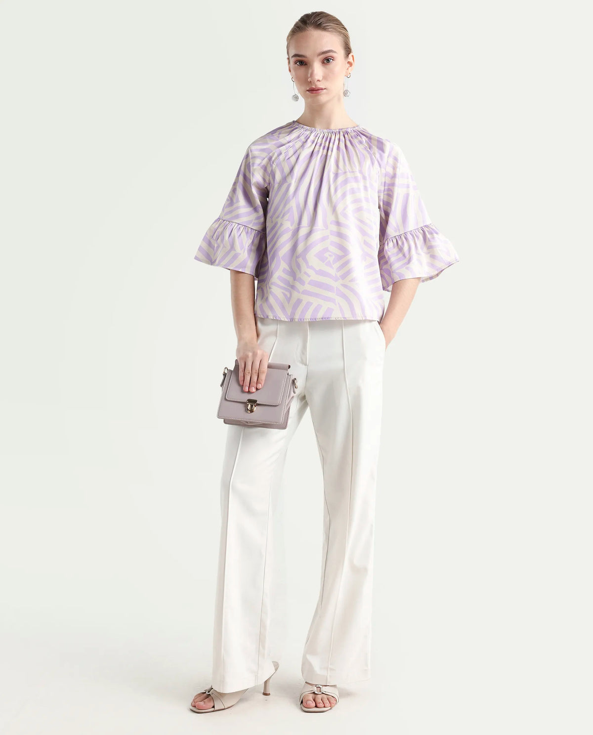Rareism Women's Reila Pastel Purple Polyester Boat Neck Geometric Print Raglan Sleeve Relaxed Fit Top