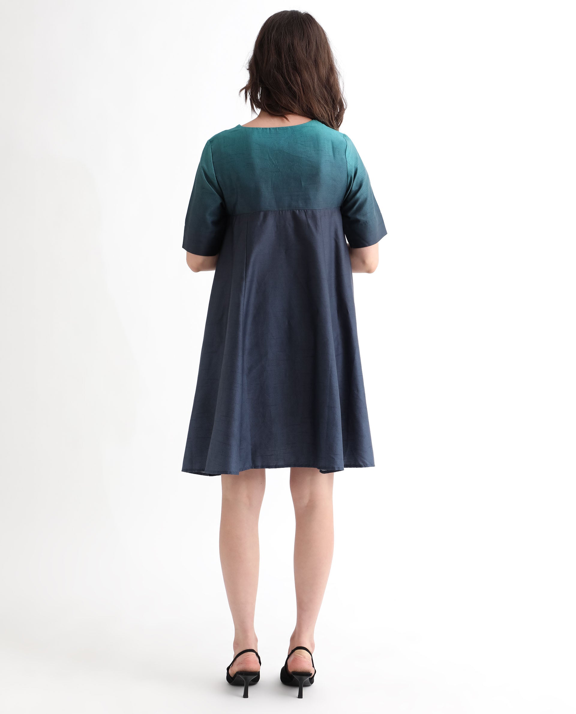Rareism Women's Reilly Green Cotton Overlap Neck Ombre Mini Fit And Flare Dress