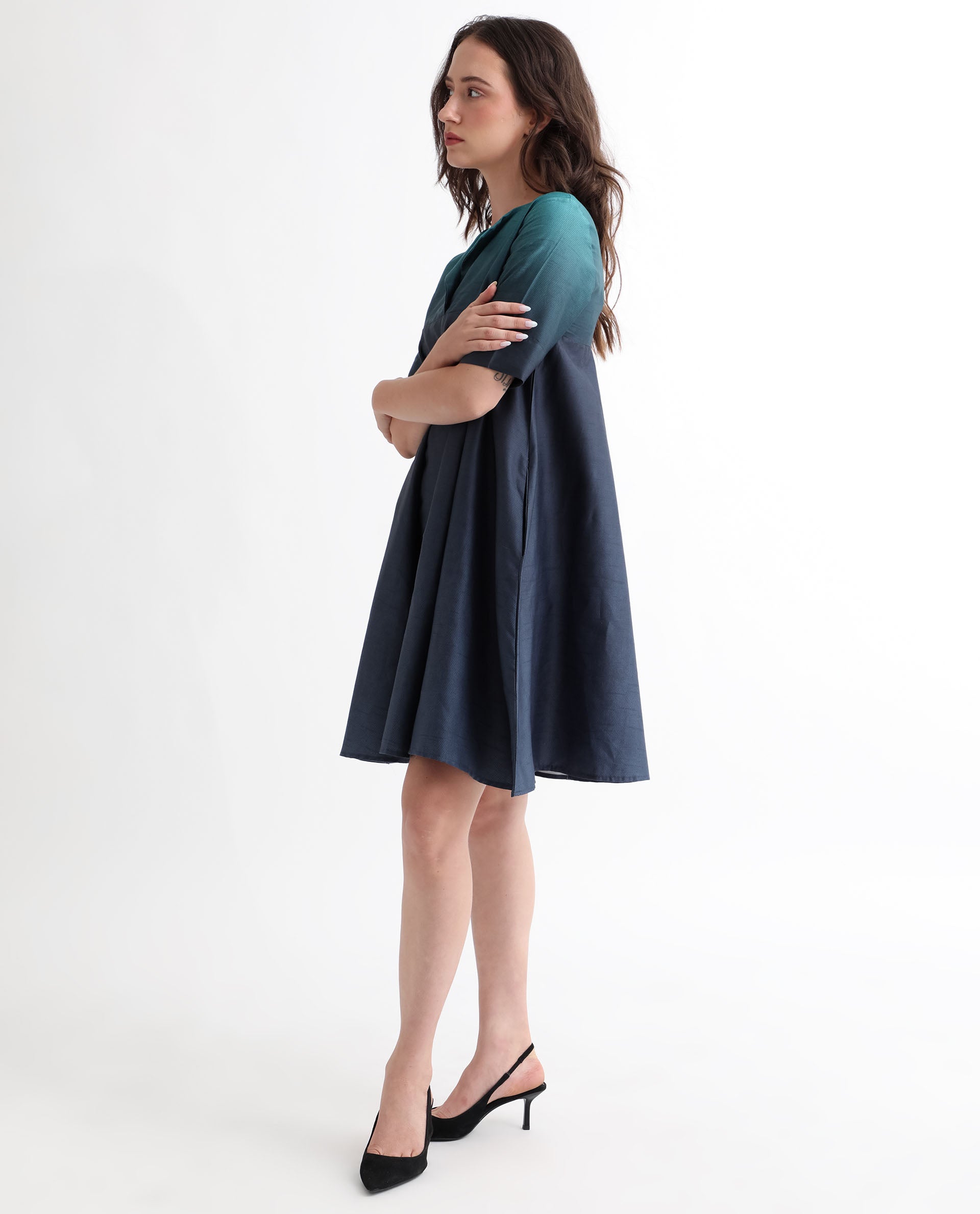 Rareism Women's Reilly Green Cotton Overlap Neck Ombre Mini Fit And Flare Dress