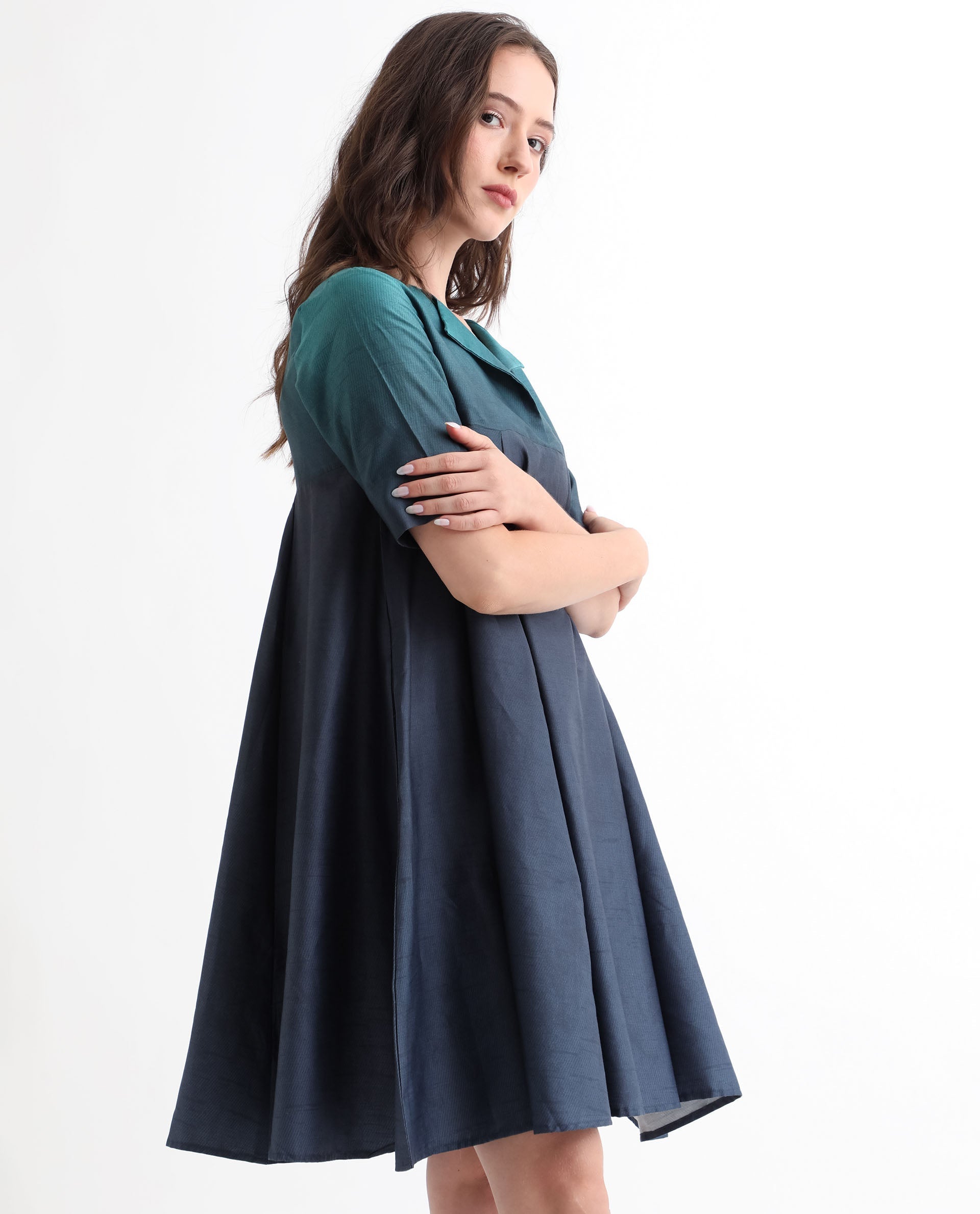 Rareism Women's Reilly Green Cotton Overlap Neck Ombre Mini Fit And Flare Dress