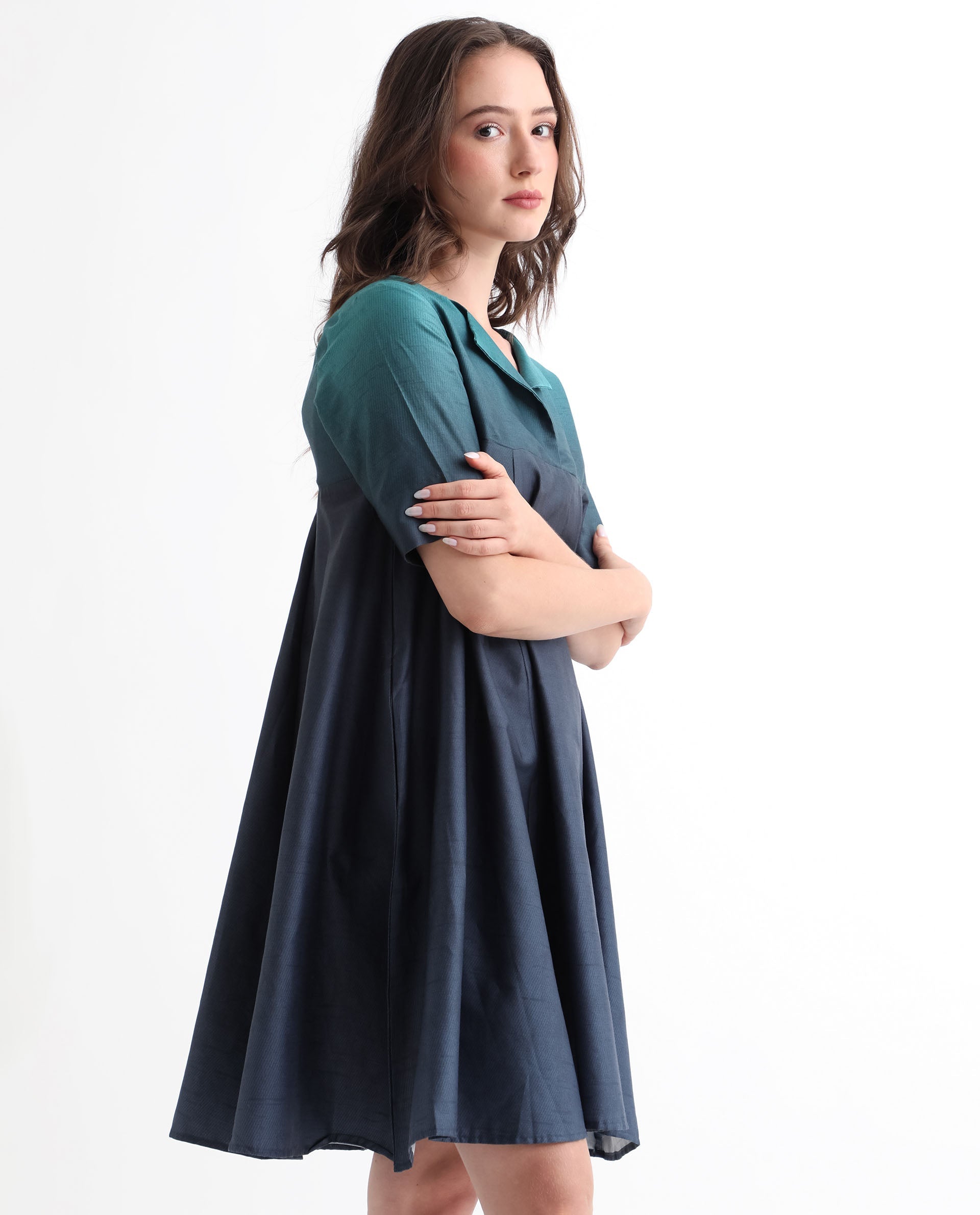 Rareism Women's Reilly Green Cotton Overlap Neck Ombre Mini Fit And Flare Dress