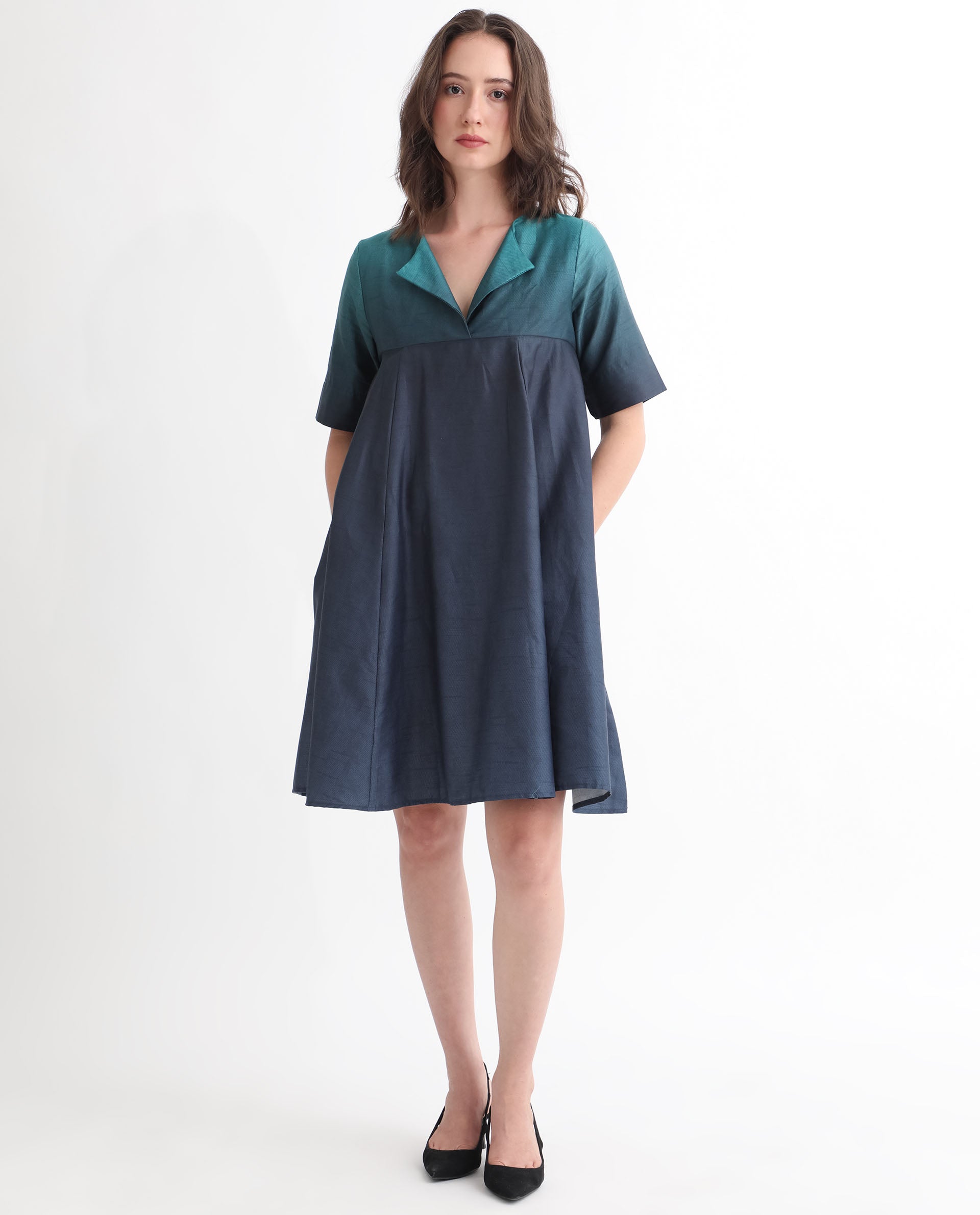 Rareism Women's Reilly Green Cotton Overlap Neck Ombre Mini Fit And Flare Dress