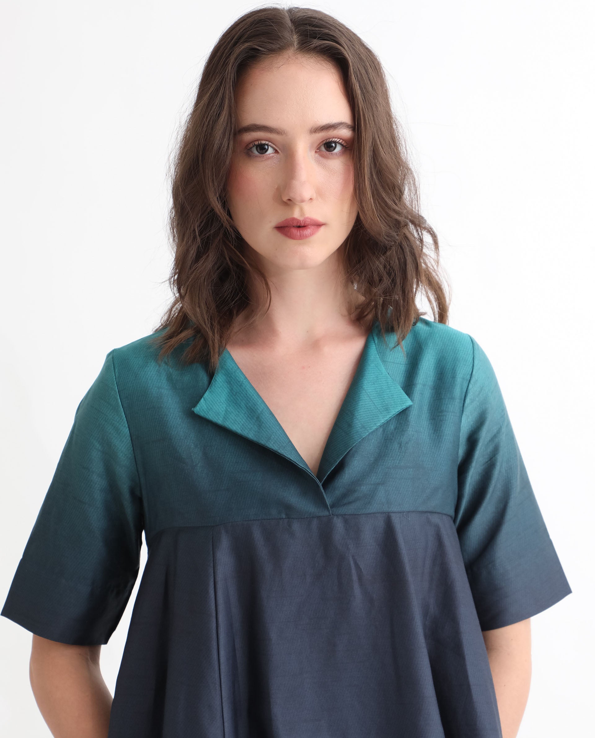 Rareism Women's Reilly Green Cotton Overlap Neck Ombre Mini Fit And Flare Dress