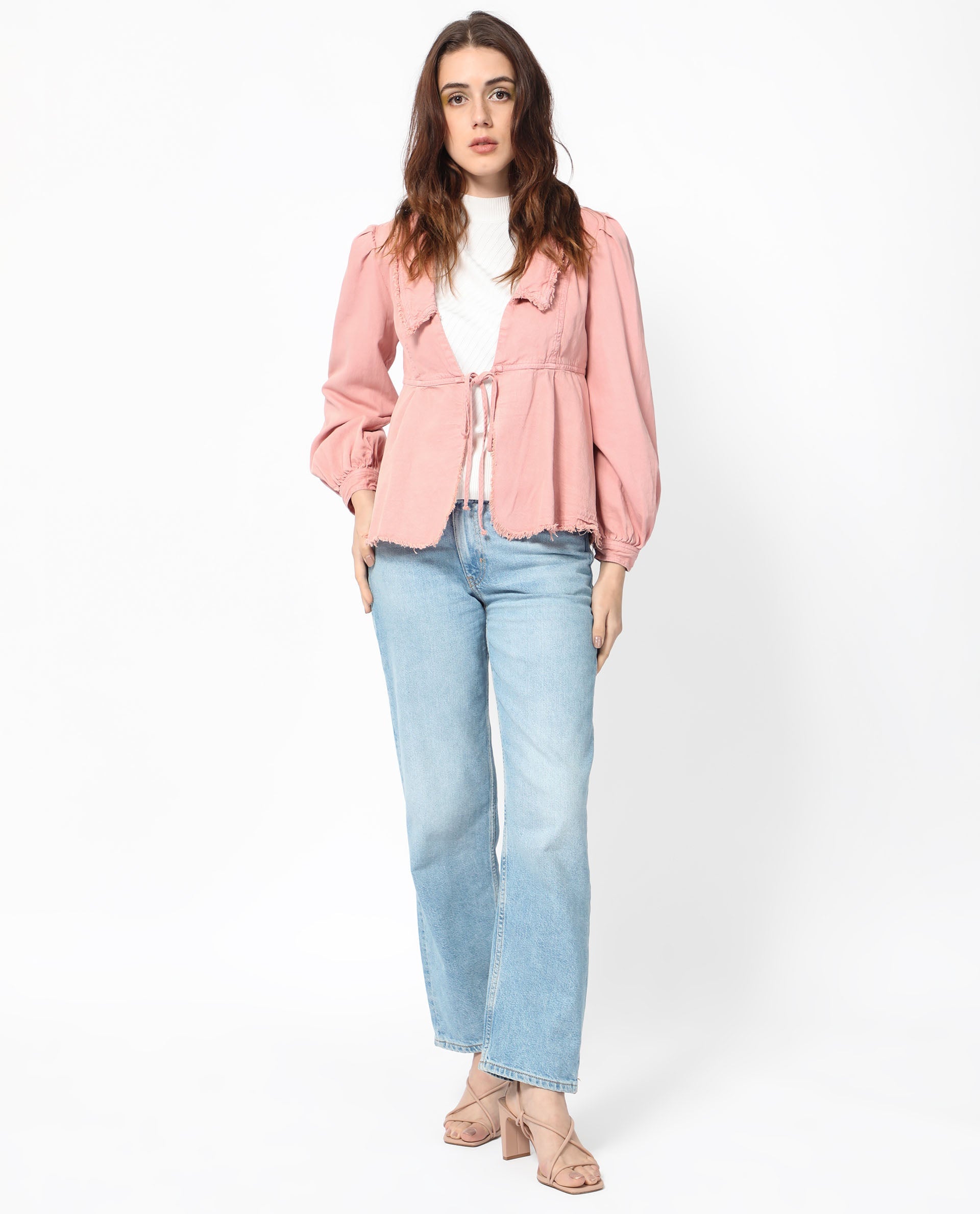 Rareism Women Reism Light Pink Cotton Blend Fabric Full Sleeves Tie-Up Closure Lapel Neck Boxy Fit Plain Shrug