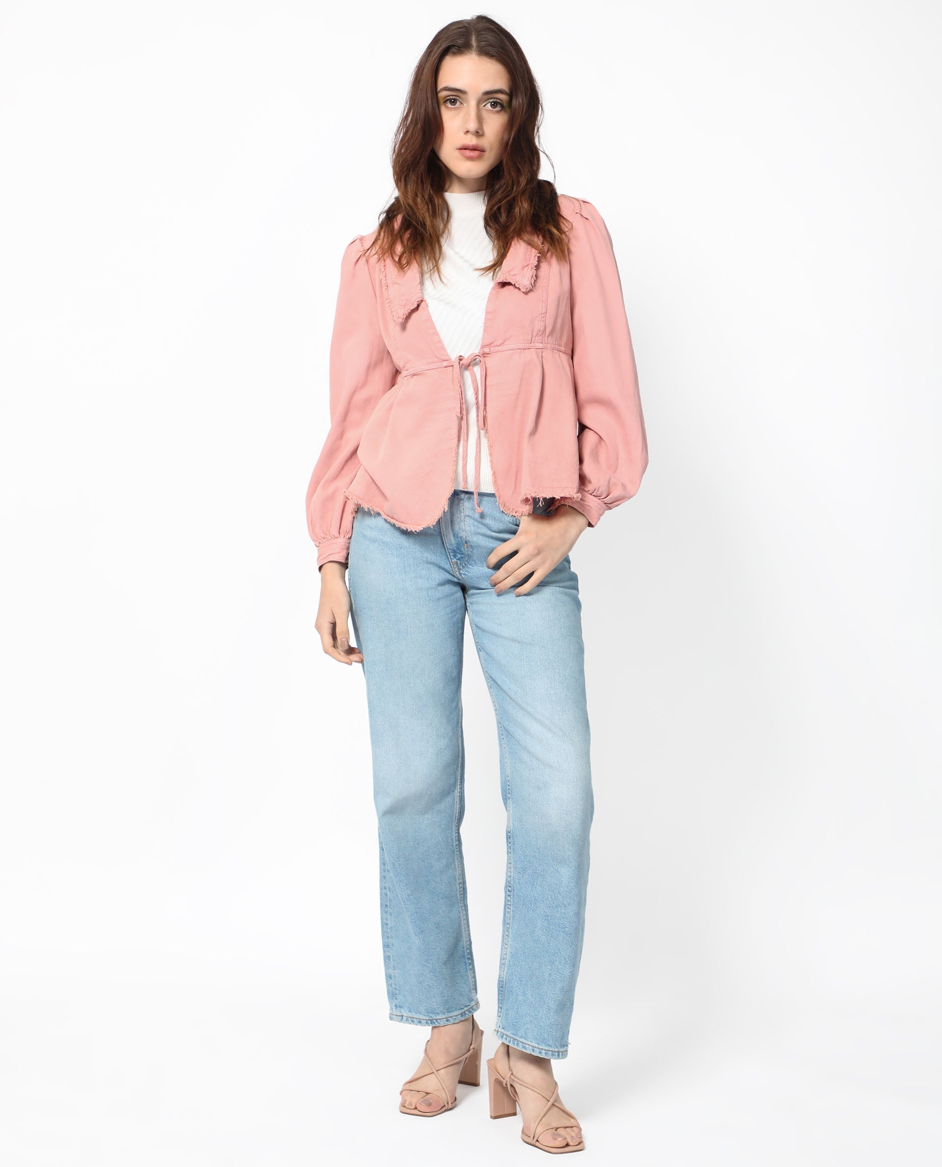 Rareism Women Reism Light Pink Cotton Blend Fabric Full Sleeves Tie-Up Closure Lapel Neck Boxy Fit Plain Shrug