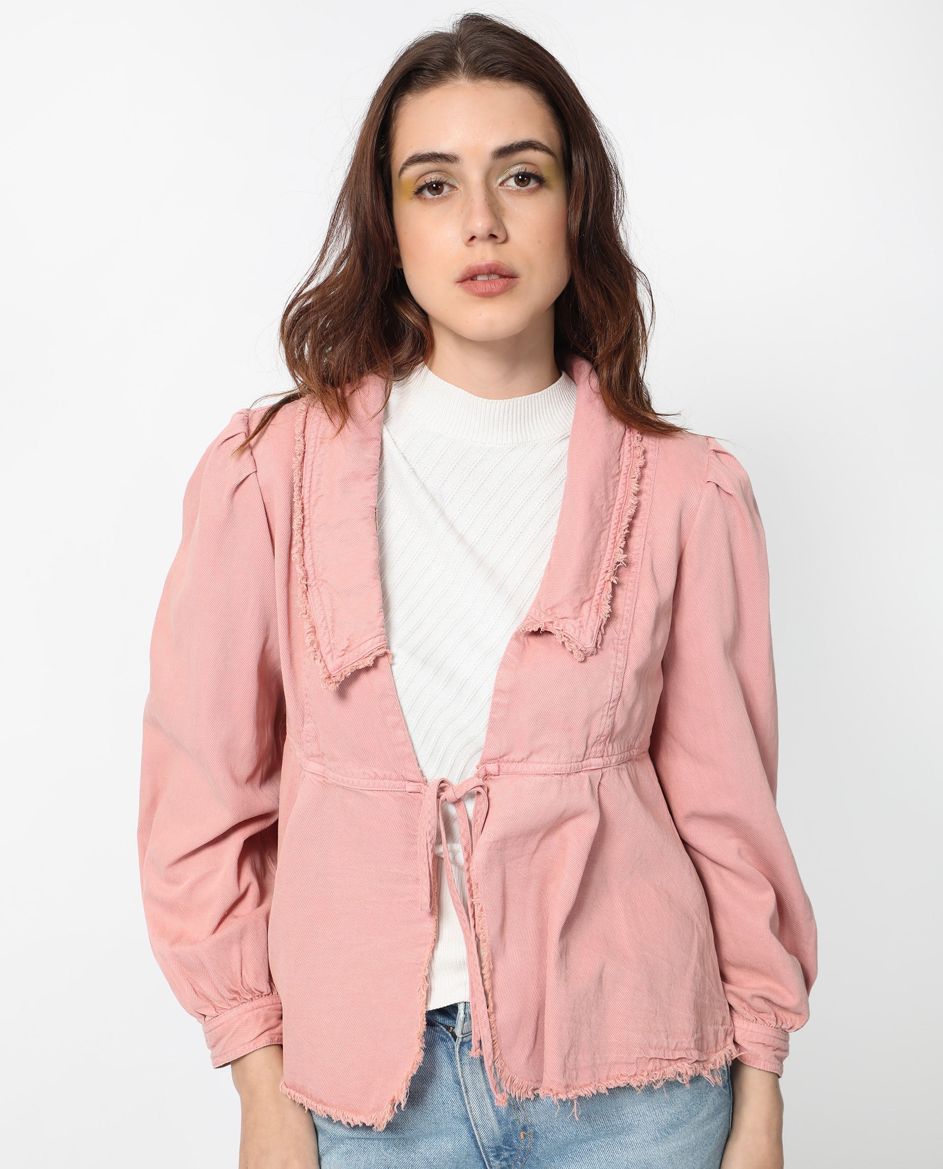 Rareism Women Reism Light Pink Cotton Blend Fabric Full Sleeves Tie-Up Closure Lapel Neck Boxy Fit Plain Shrug