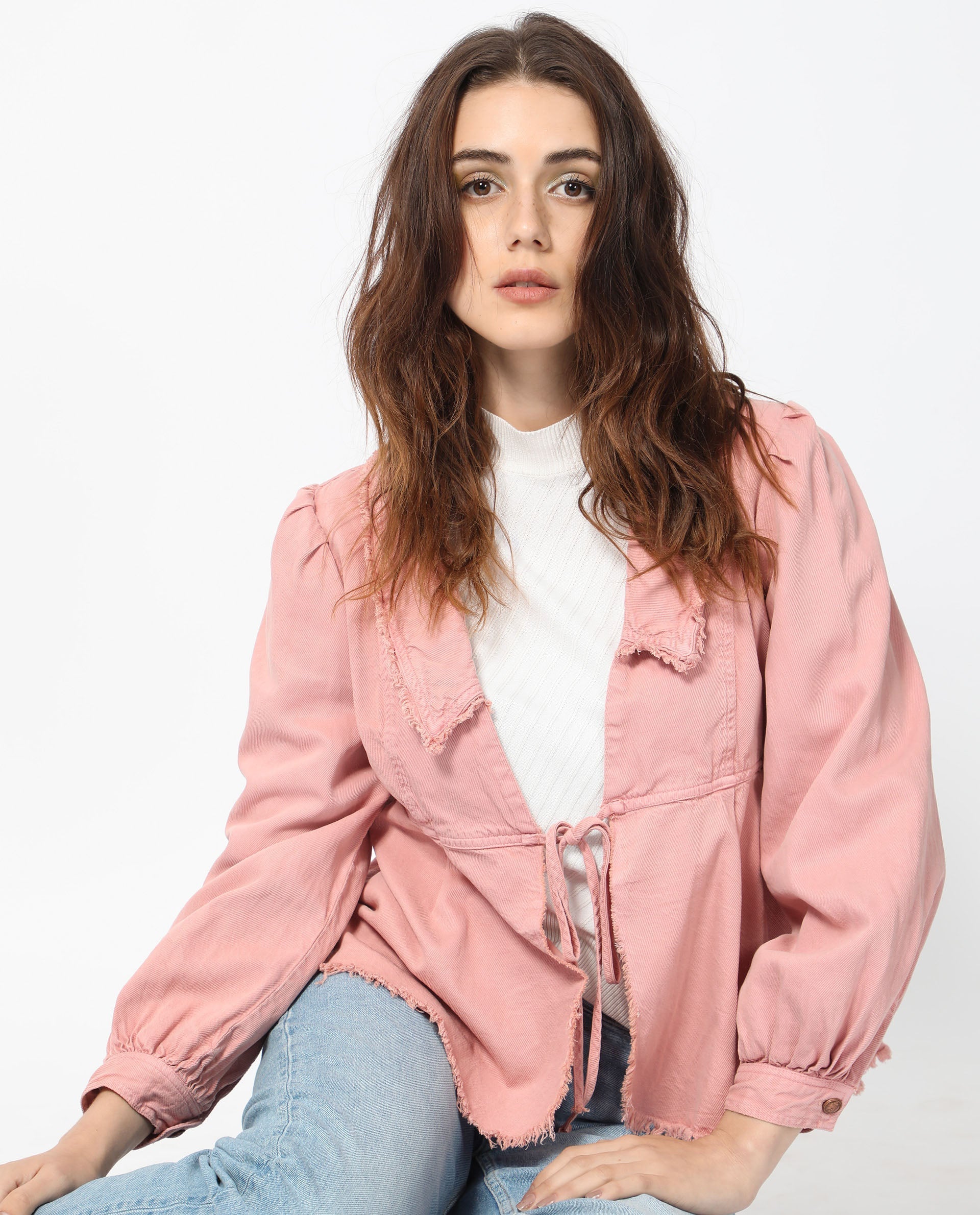 Rareism Women Reism Light Pink Cotton Blend Fabric Full Sleeves Tie-Up Closure Lapel Neck Boxy Fit Plain Shrug