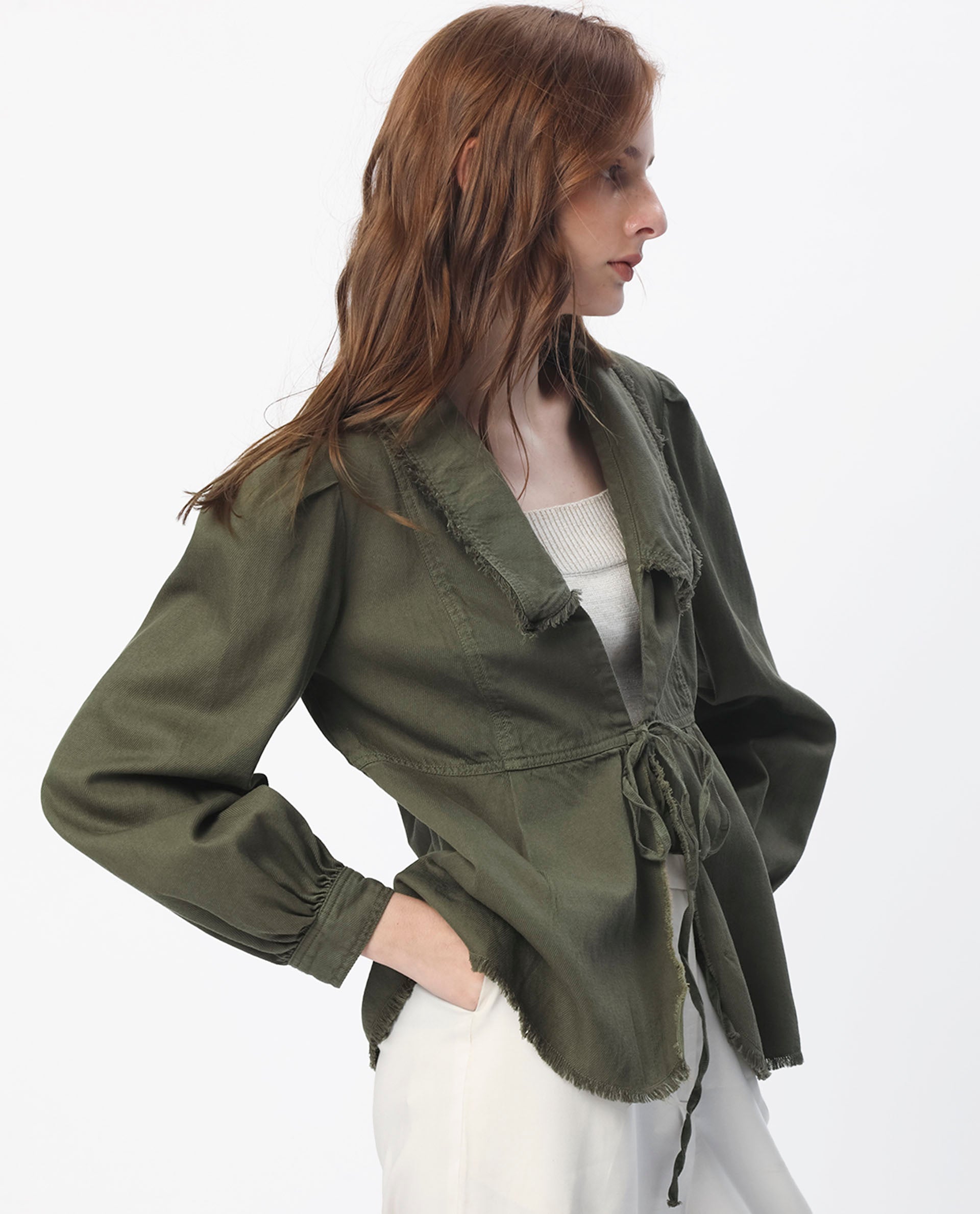 Rareism Women Reism Dark Olive Cotton Blend Fabric Full Sleeves Solid Lapel Neck Shrug