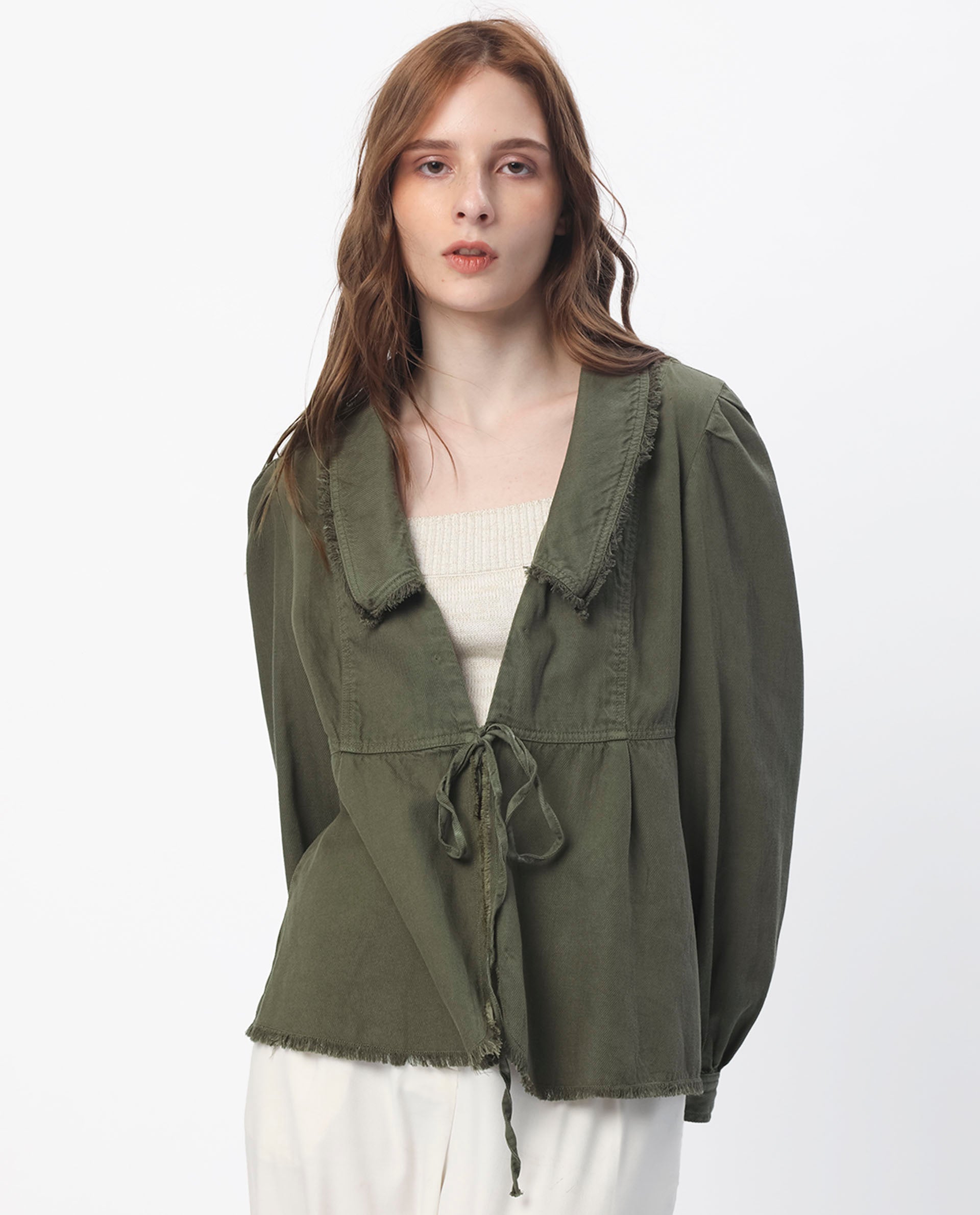 Rareism Women Reism Dark Olive Cotton Blend Fabric Full Sleeves Solid Lapel Neck Shrug