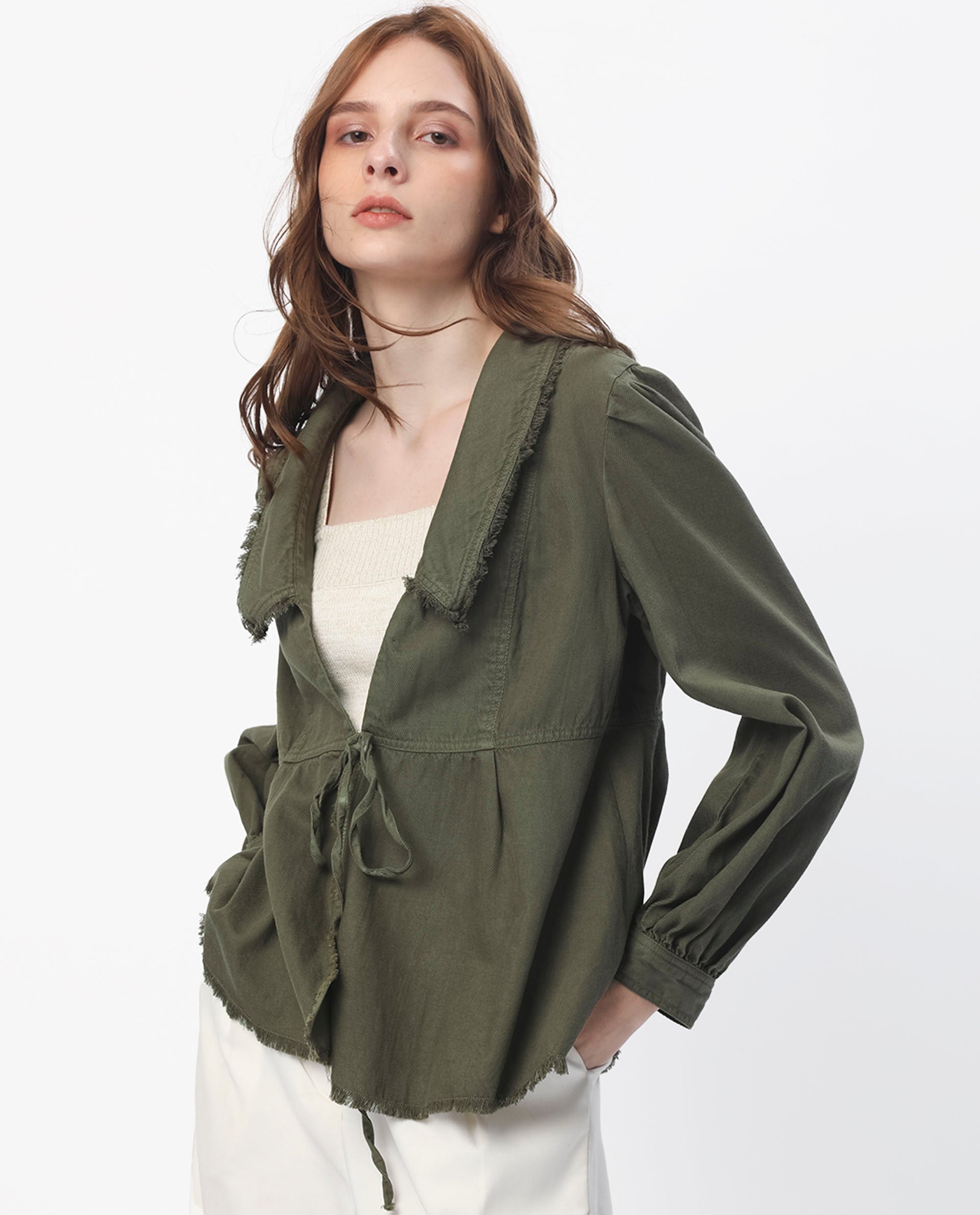 Rareism Women Reism Dark Olive Cotton Blend Fabric Full Sleeves Solid Lapel Neck Shrug