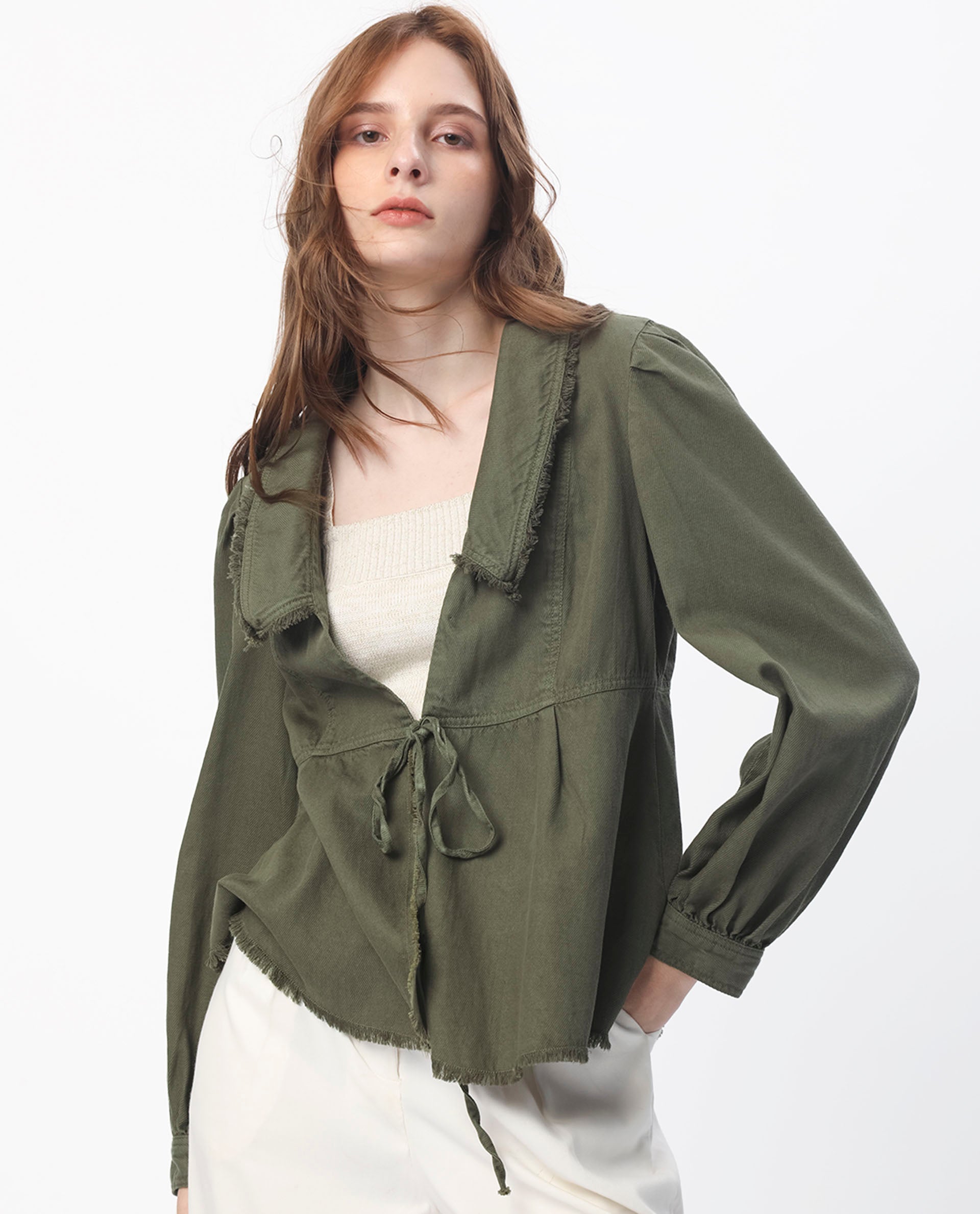 Rareism Women Reism Dark Olive Cotton Blend Fabric Full Sleeves Solid Lapel Neck Shrug